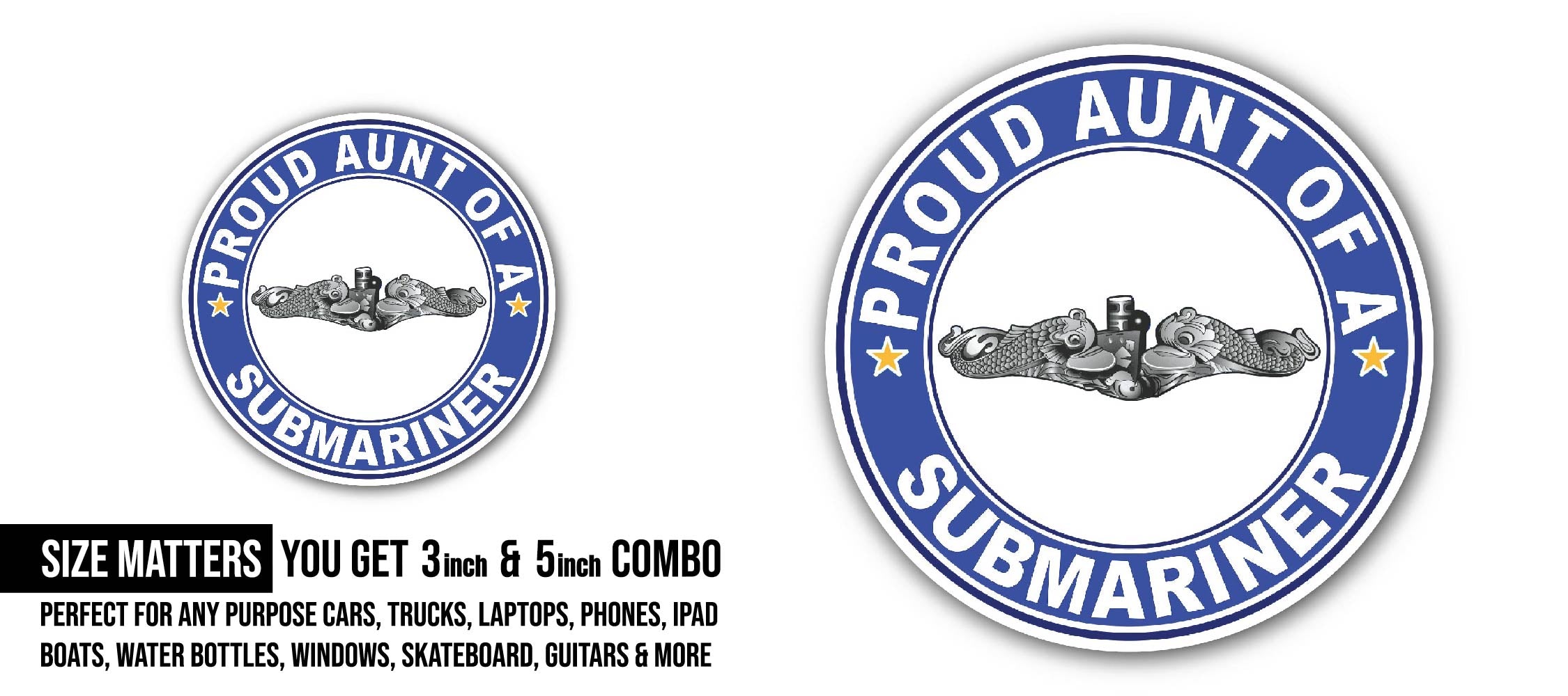 Proud Aunt of a Submariner Silver Dolphins Sticker, Waterproof Vinyl Decal Sticker Indoor Or Outdoor 2 (Pieces) 3" and 5"