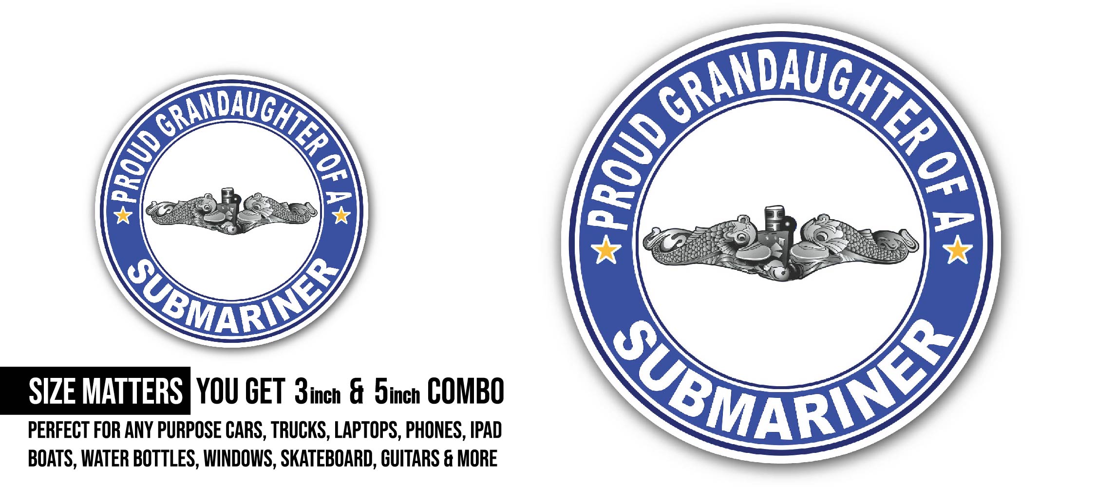 Proud Granddaughter of a Submariner Silver Dolphins Sticker, Waterproof Vinyl Decal Sticker Indoor Or Outdoor 2 (Pieces) 3" and 5"
