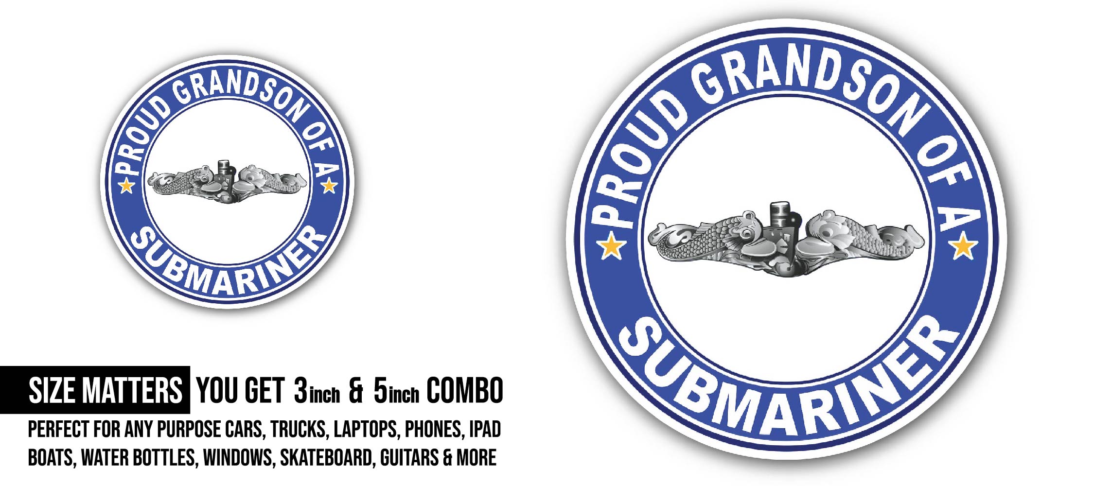 Proud Grandson of a Submariner Silver Dolphins Sticker, Waterproof Vinyl Decal Sticker Indoor Or Outdoor 2 (Pieces) 3" and 5"