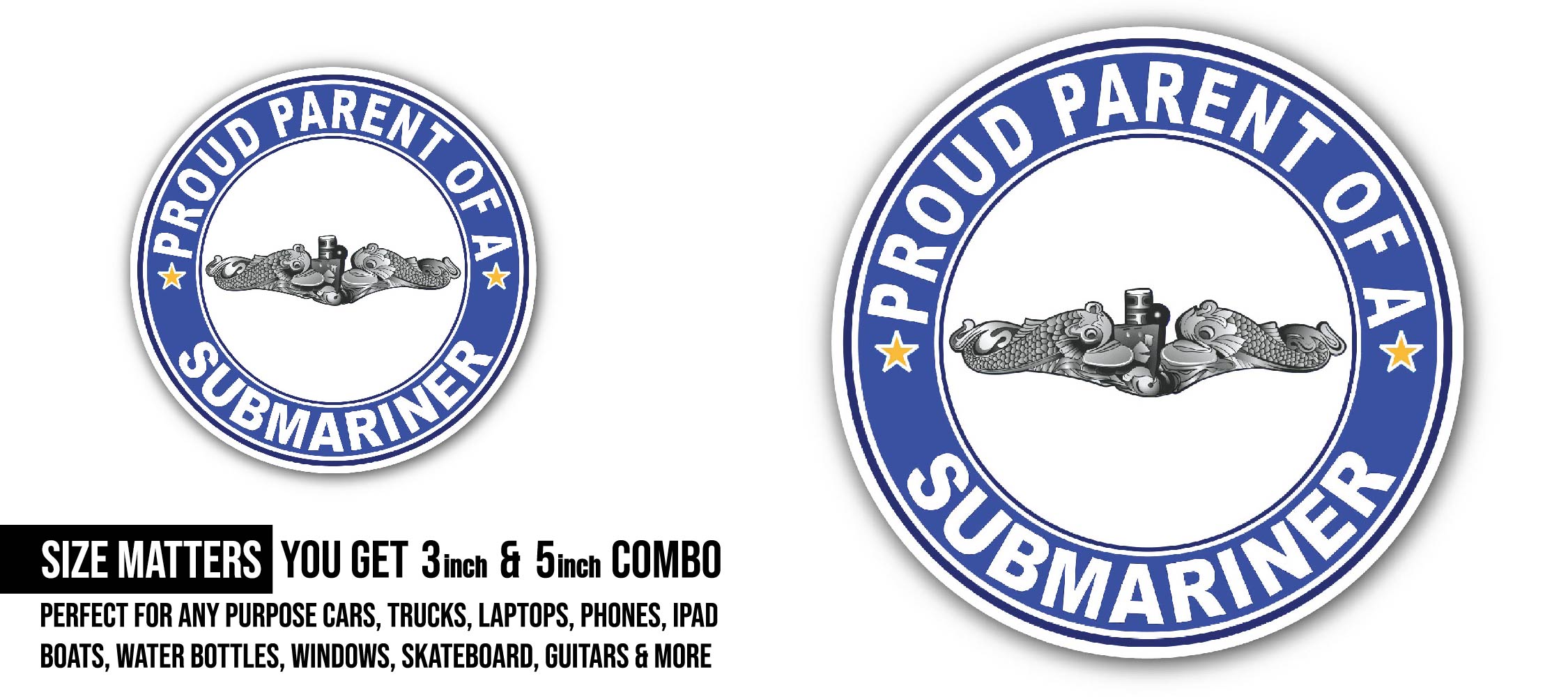 Proud Parent of a Submariner Silver Dolphins Sticker, Waterproof Vinyl Decal Sticker Indoor Or Outdoor 2 (Pieces) 3" and 5"