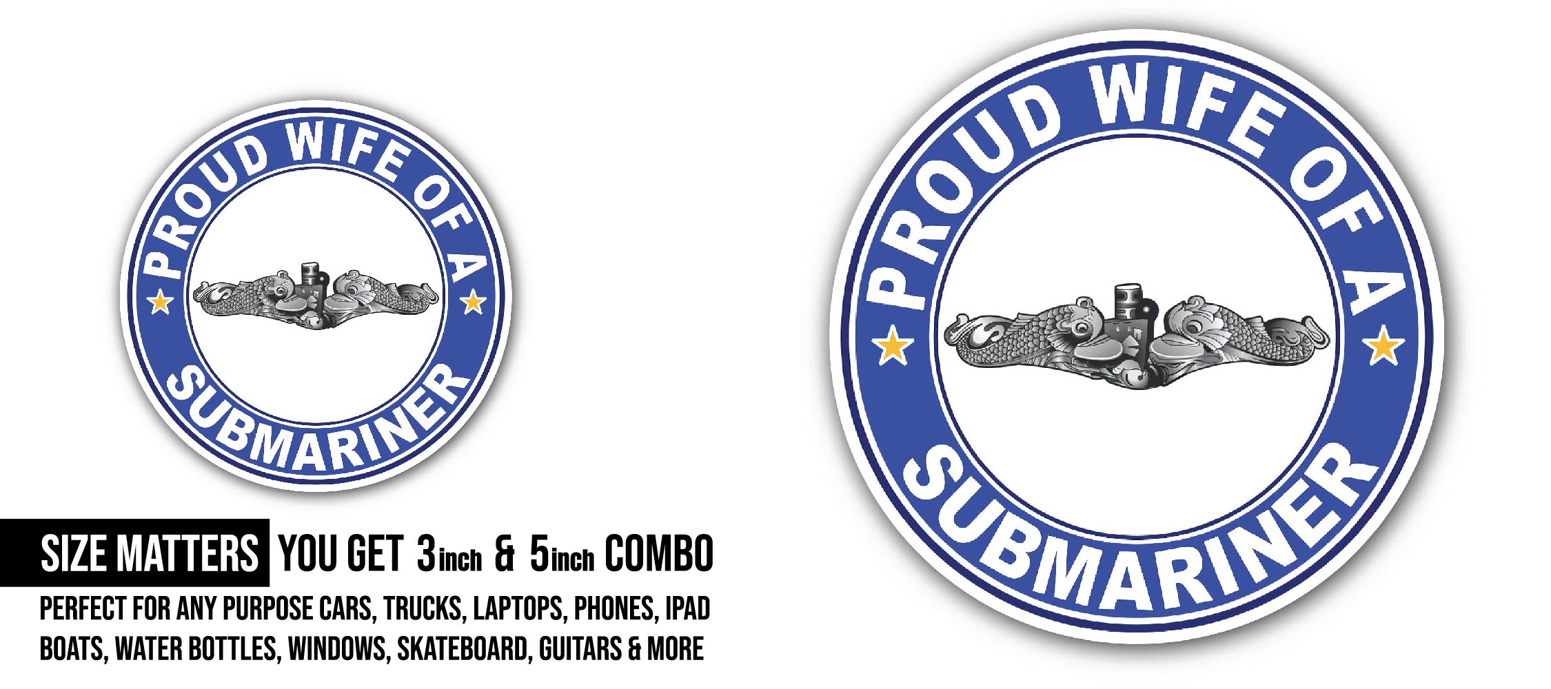 Proud Wife of a Submariner Silver Dolphins Sticker, Waterproof Vinyl Decal Sticker Indoor Or Outdoor 2 (Pieces) 3" and 5"