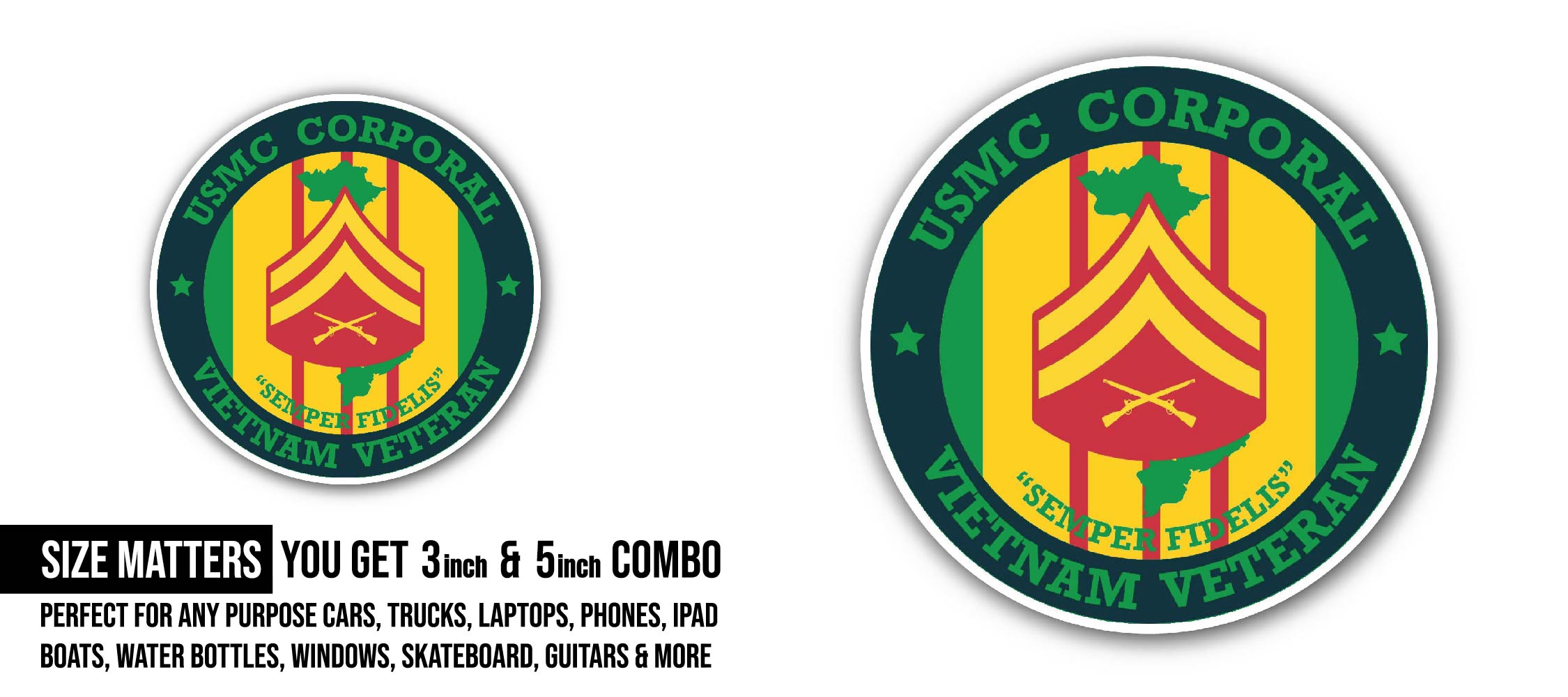 USMC Corporal Vietnam Veteran Sticker, Waterproof Vinyl Decal Sticker Indoor Or Outdoor 2 (Pieces) 3" and 5"
