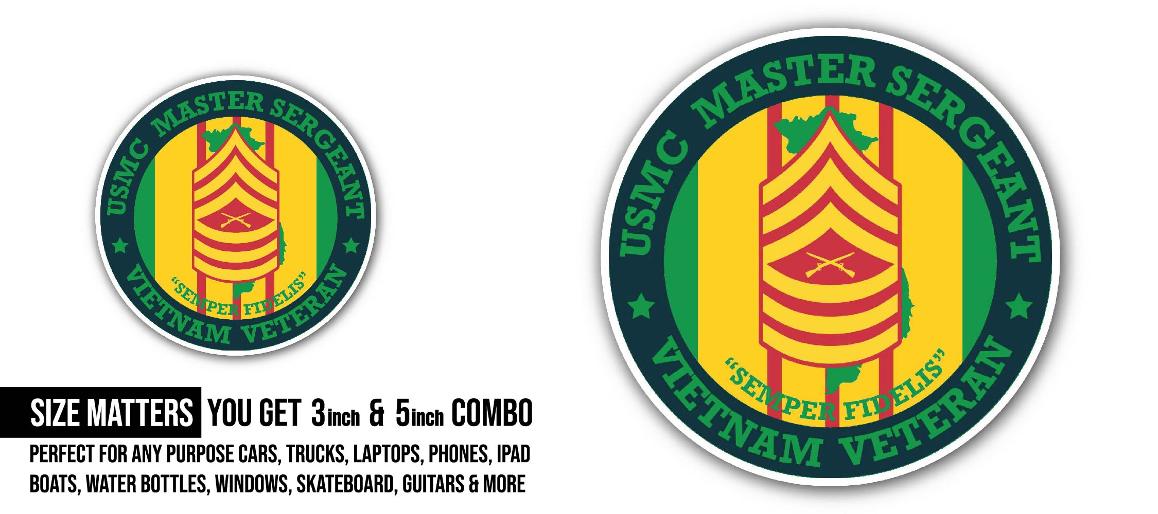 USMC Master Sergeant Vietnam Veteran Sticker, Waterproof Vinyl Decal Sticker Indoor Or Outdoor 2 (Pieces) 3" and 5"