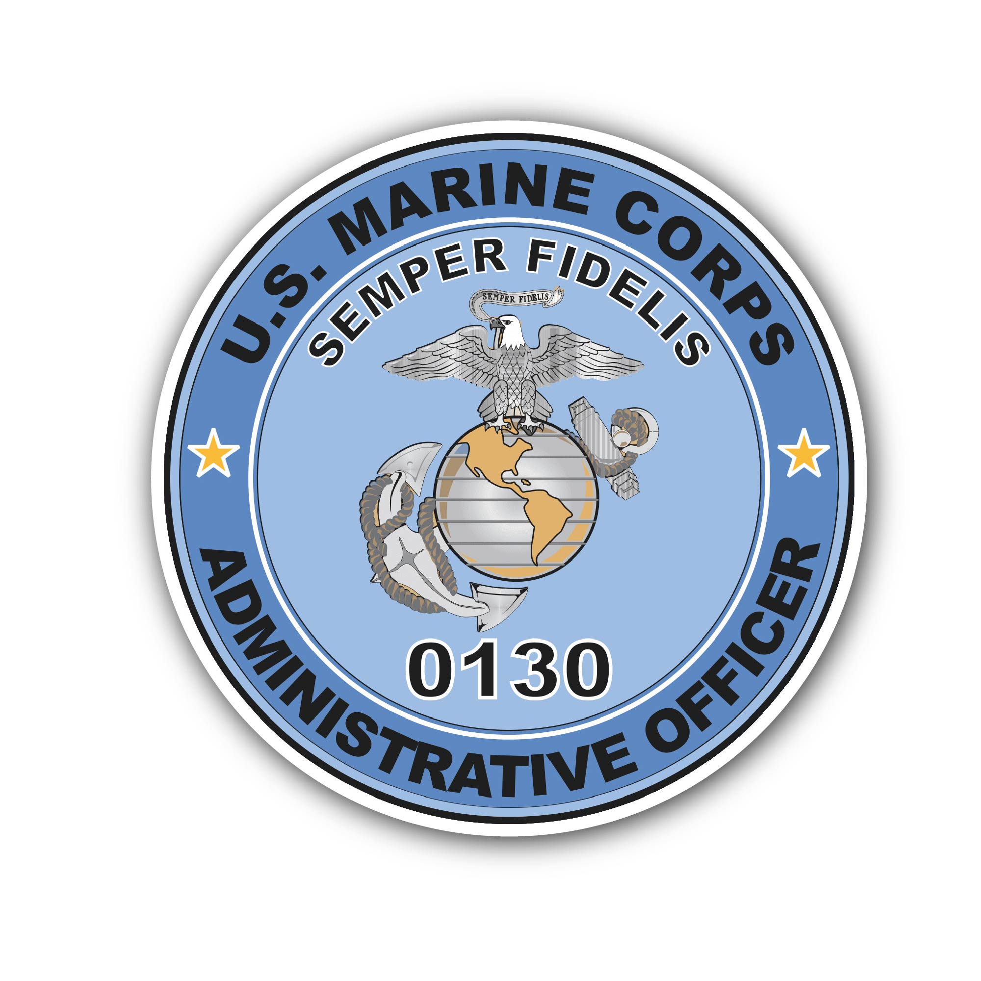 U.S.M.C. MOS 0130 Administrative Officer Sticker, Waterproof Vinyl Decal Sticker Indoor Or Outdoor 2 (Pieces) 3" and 5"