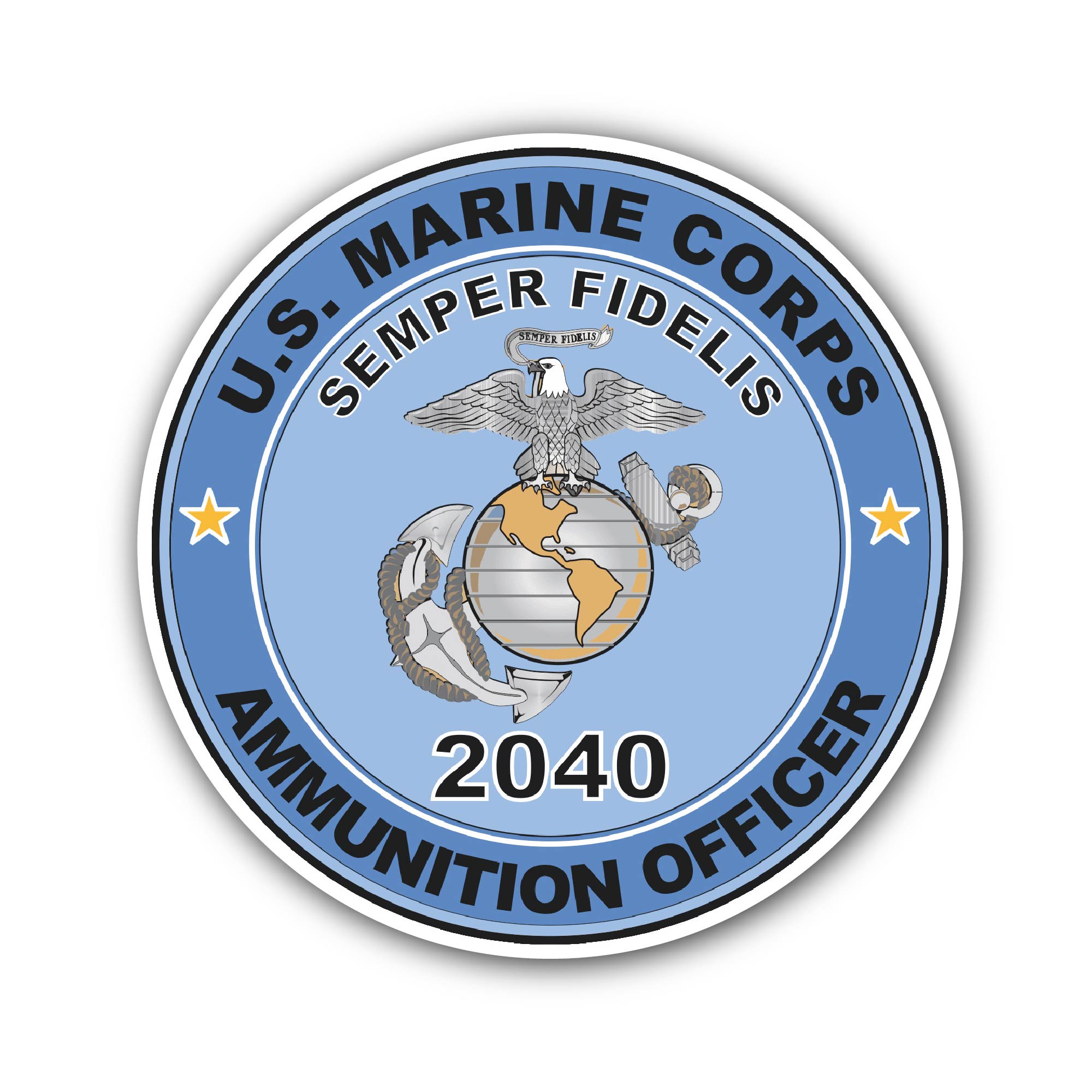 U.S.M.C. MOS 2040 Ammunition Officer Sticker, Waterproof Vinyl Decal Sticker Indoor Or Outdoor 2 (Pieces) 3" and 5"