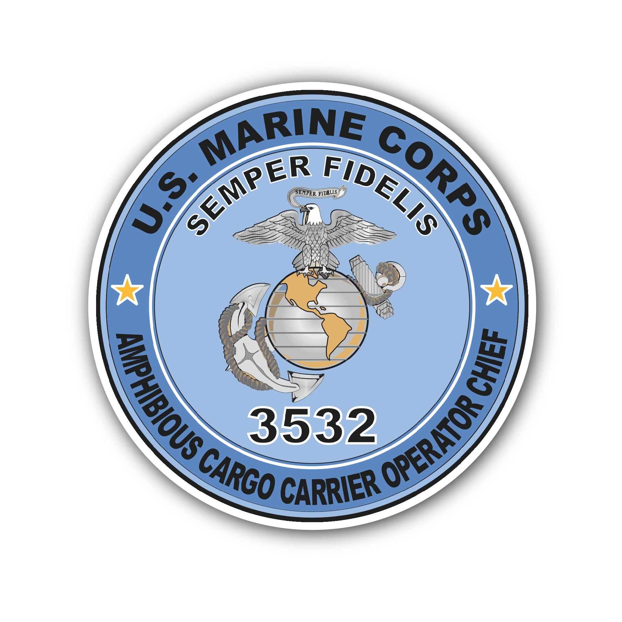 U.S.M.C. MOS 3532 Amphibious Cargo Carrier Operator Chief Sticker, Waterproof Vinyl Decal Sticker Indoor Or Outdoor 2 (Pieces) 3" and 5"