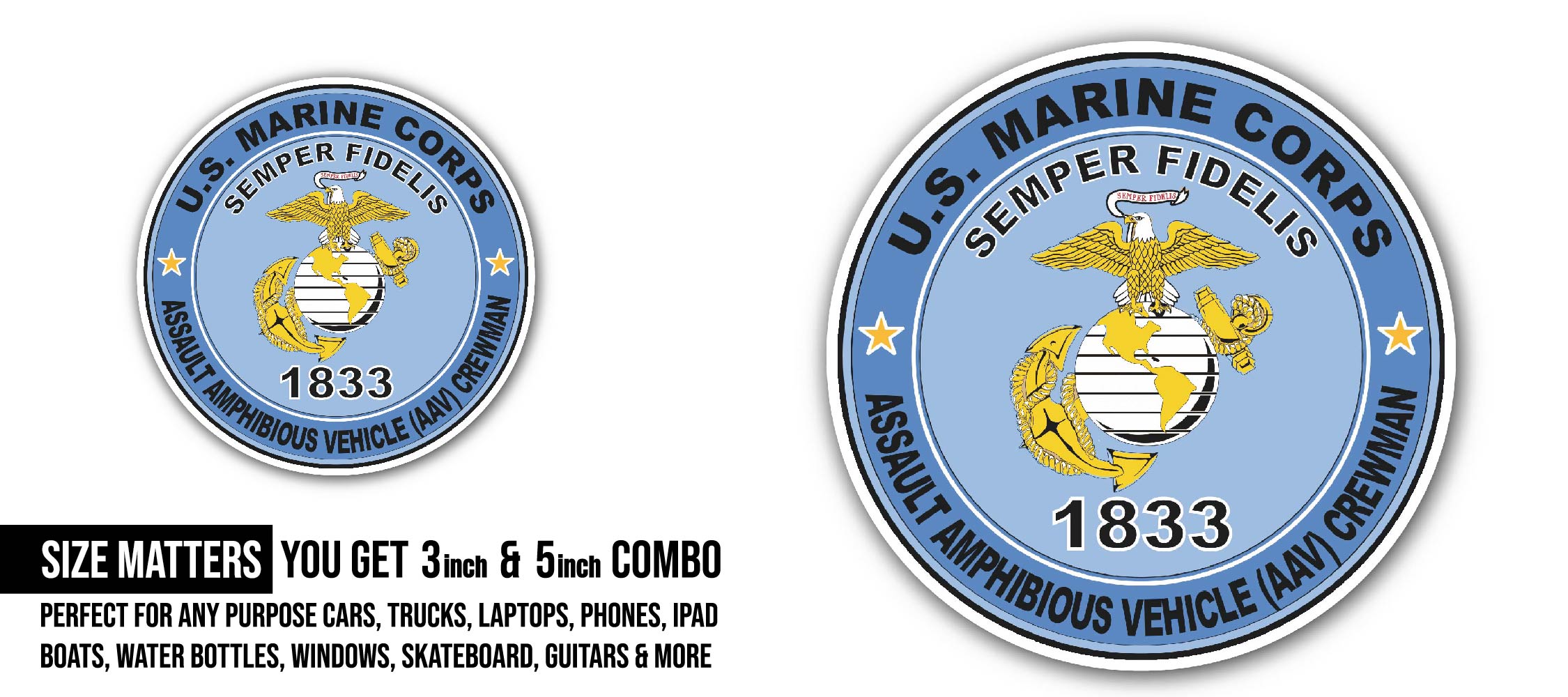 Assault Amphibious Vehicle (AAV) Crewman MOS 1833 U.S.M.C Military Sticker, Waterproof Vinyl Decal Sticker Indoor Or Outdoor 2 (Pieces) 3" and 5"