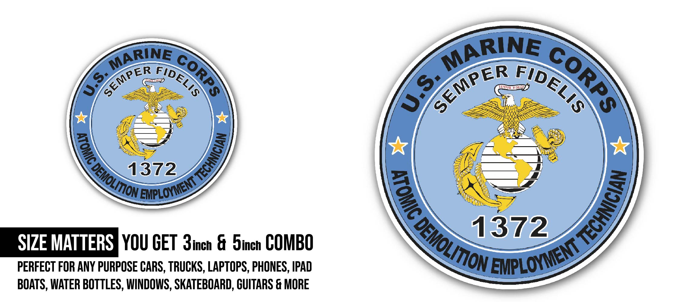 Atomic Demolition Employment Technician MOS 1372 U.S.M.C Military Sticker, Waterproof Vinyl Decal Sticker Indoor Or Outdoor 2 (Pieces) 3" and 5"