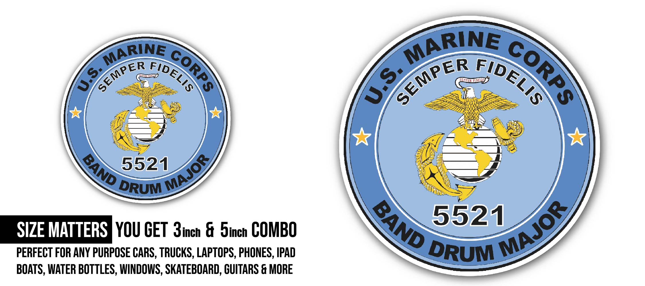 U.S.M.C. MOS 5521 Band Drum Major Sticker, Waterproof Vinyl Decal Sticker Indoor Or Outdoor 2 (Pieces) 3" and 5"