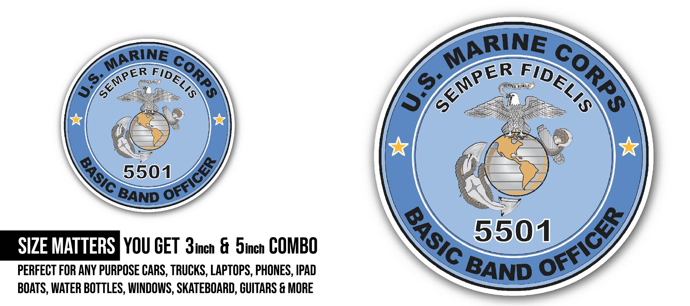 U.S.M.C. MOS 5501 Basic Band Officer Sticker, Waterproof Vinyl Decal Sticker Indoor Or Outdoor 2 (Pieces) 3" and 5"