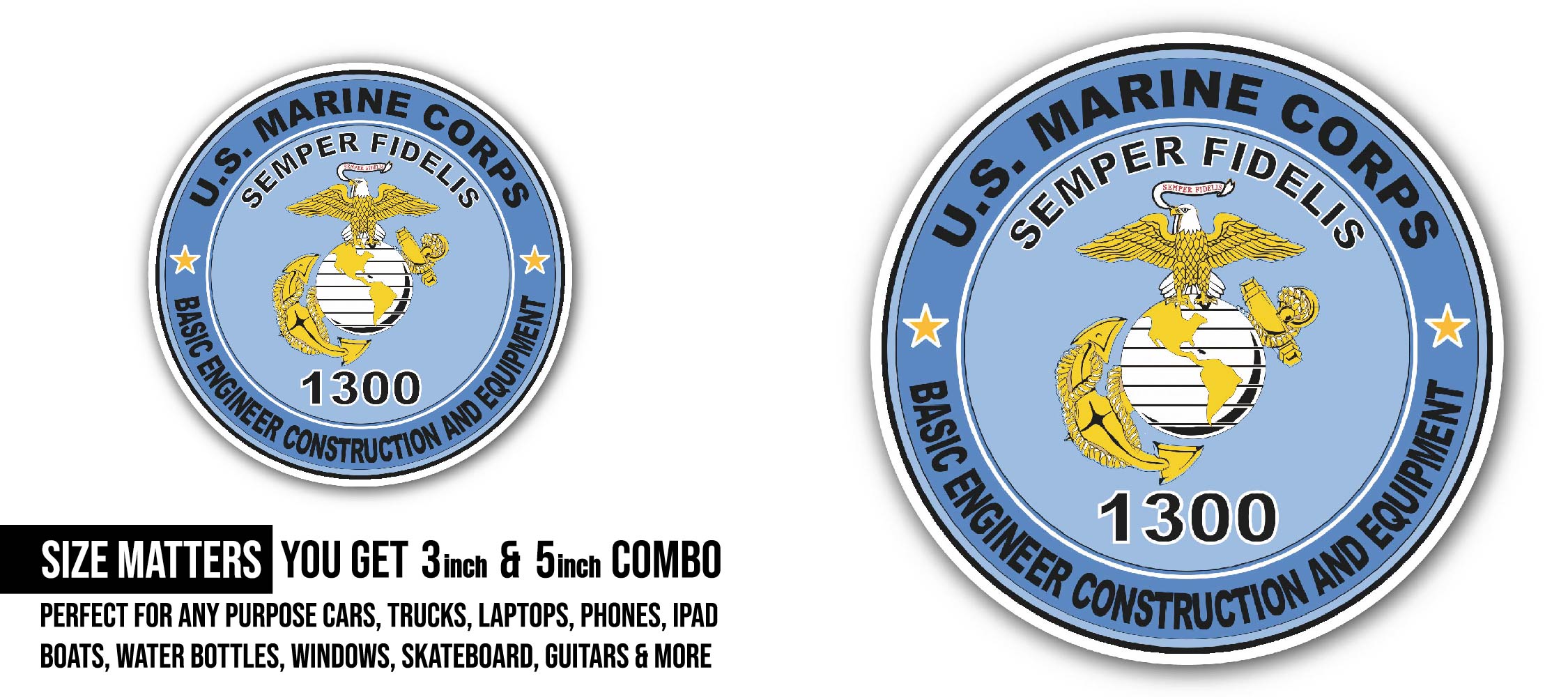 Basic Engineer Construction and Equipment U.S.M.C MOS 1300 Military Sticker, Waterproof Vinyl Decal Sticker Indoor Or Outdoor 2 (Pieces) 3" and 5"