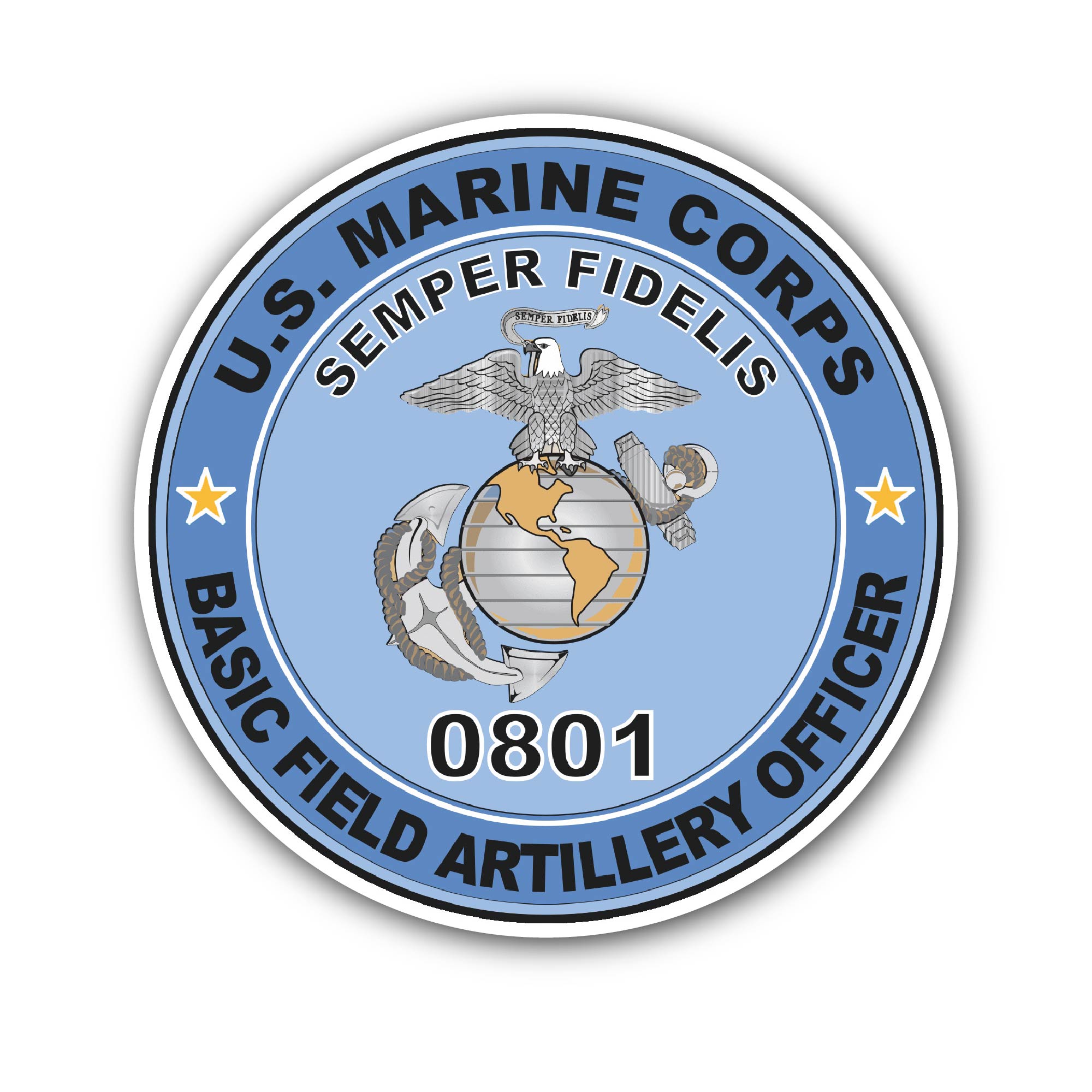 U.S.M.C. MOS 0801 Basic Field Artillery Officer Sticker, Waterproof Vinyl Decal Sticker Indoor Or Outdoor 2 (Pieces) 3" and 5"