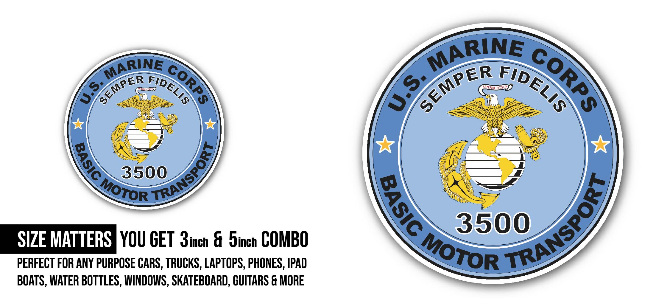 U.S.M.C. MOS 3500 Basic Motor Transport Sticker, Waterproof Vinyl Decal Sticker Indoor Or Outdoor 2 (Pieces) 3" and 5"