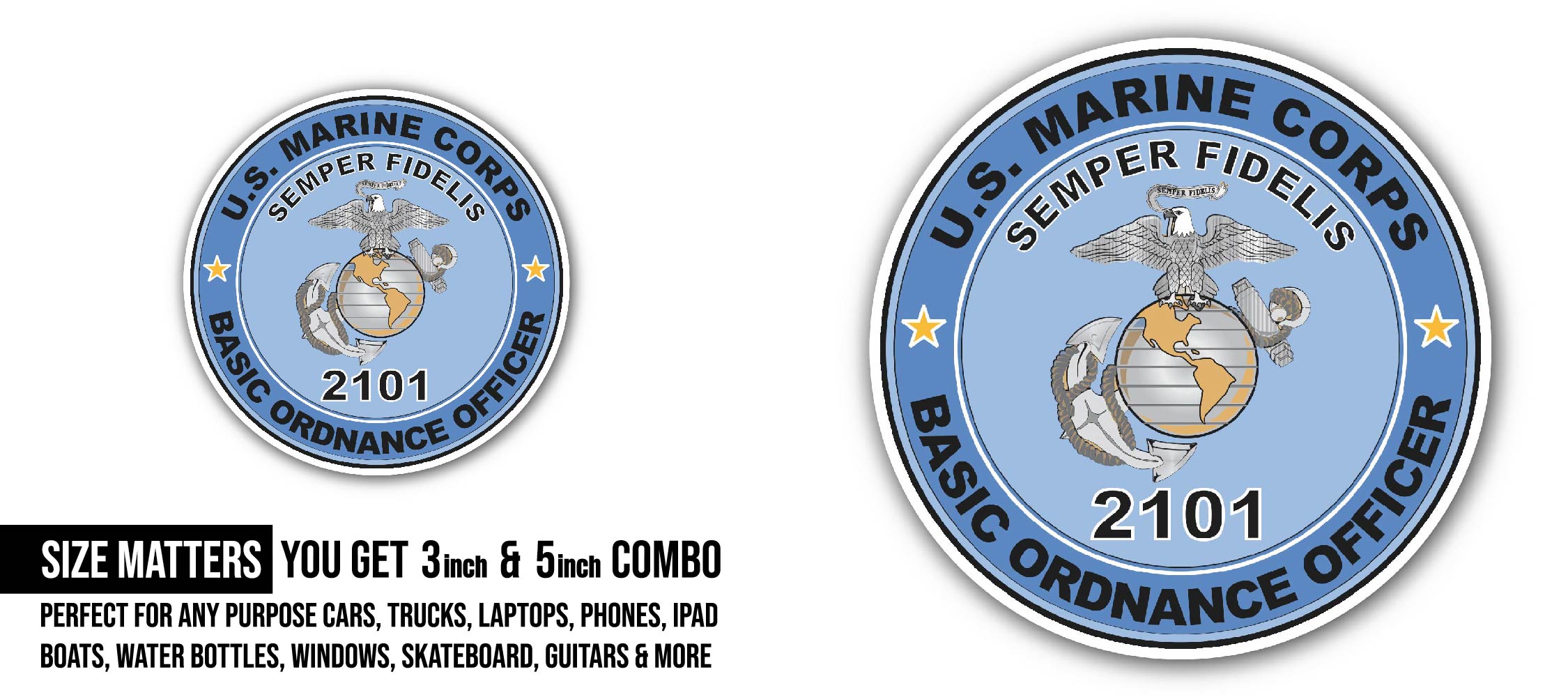 U.S.M.C. MOS 2101 Basic Ordnance Officer Sticker, Waterproof Vinyl Decal Sticker Indoor Or Outdoor 2 (Pieces) 3" and 5"