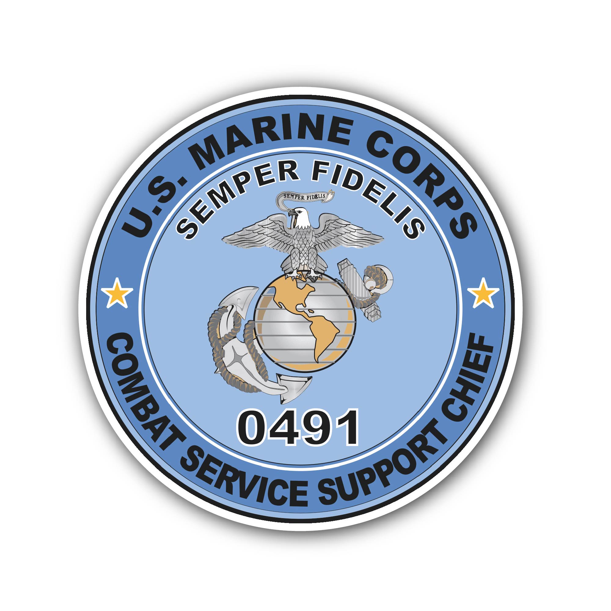 U.S.M.C. MOS 0491 Combat Service Support Chief Sticker, Waterproof Vinyl Decal Sticker Indoor Or Outdoor 2 (Pieces) 3" and 5"