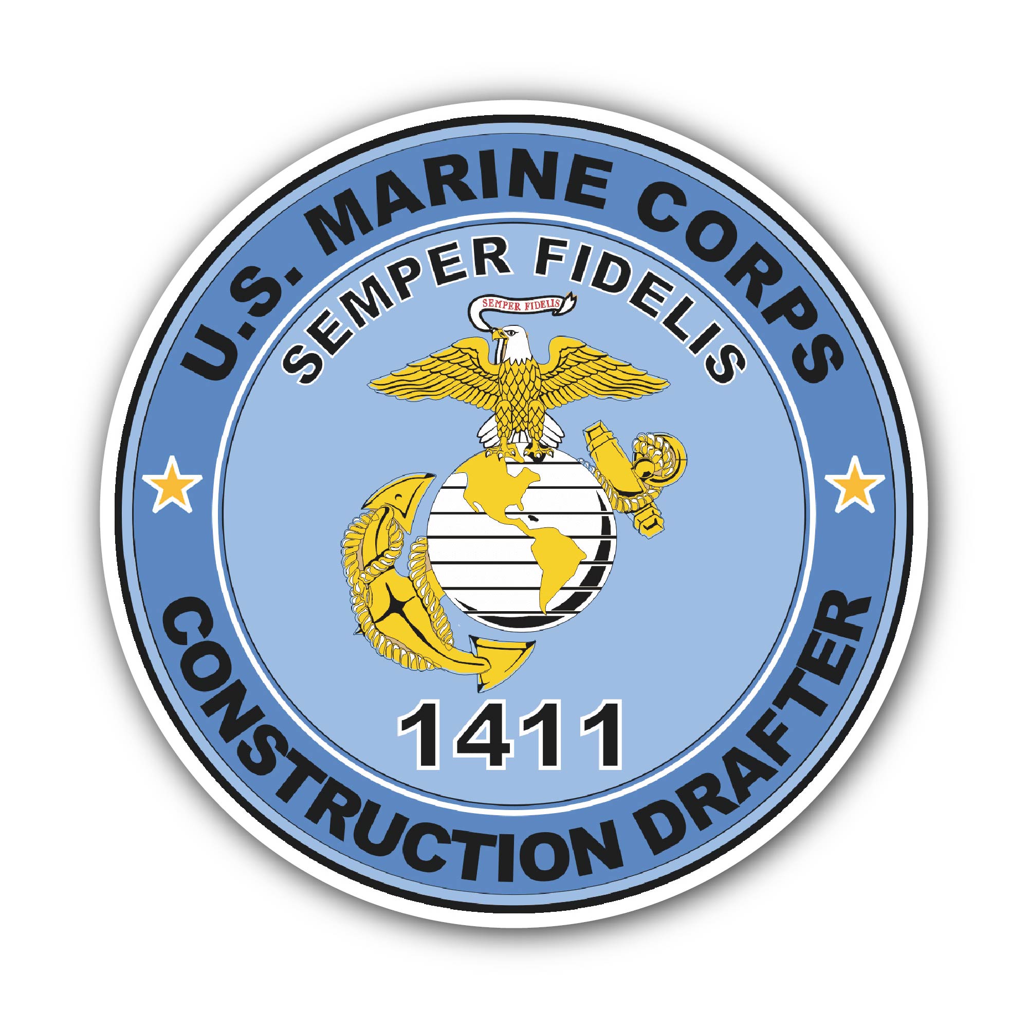 U.S.M.C. MOS 1411 Construction Drafter Sticker, Waterproof Vinyl Decal Sticker Indoor Or Outdoor 2 (Pieces) 3" and 5"