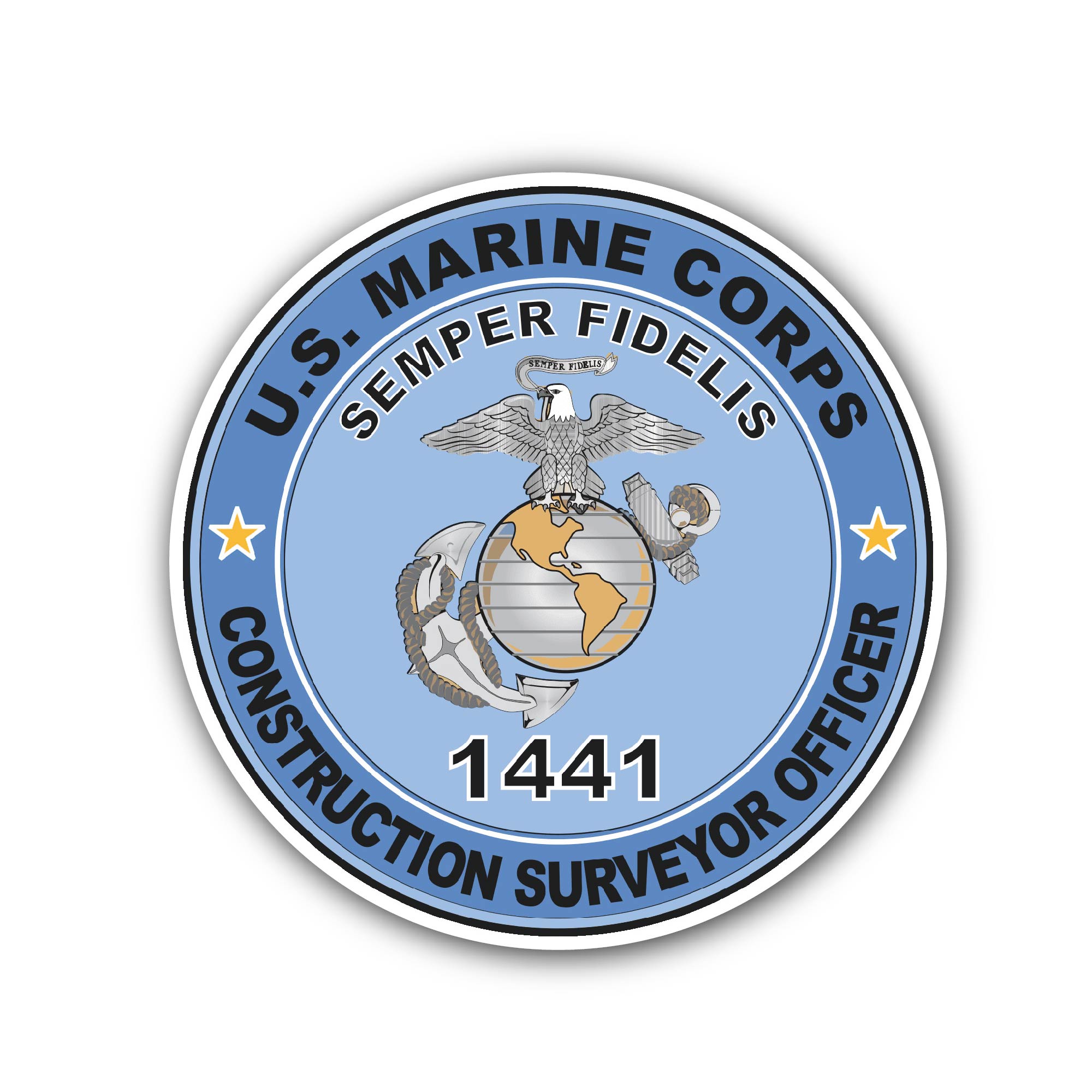 U.S.M.C. MOS 1441 Construction Surveyor Officer Sticker, Waterproof Vinyl Decal Sticker Indoor Or Outdoor 2 (Pieces) 3" and 5"