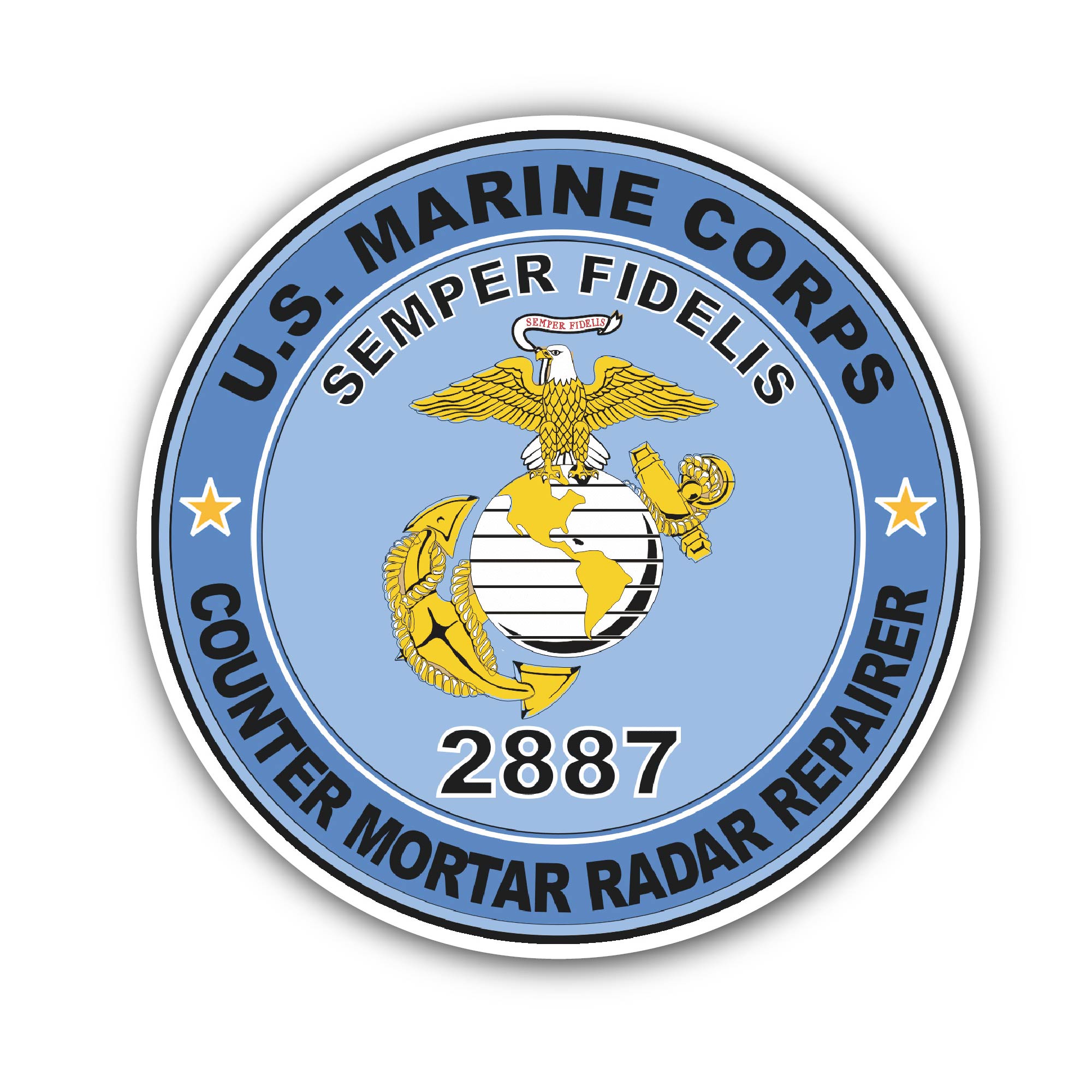 U.S.M.C. MOS 2887 Counter Mortar Radar Repairer Sticker, Waterproof Vinyl Decal Sticker Indoor Or Outdoor 2 (Pieces) 3" and 5"
