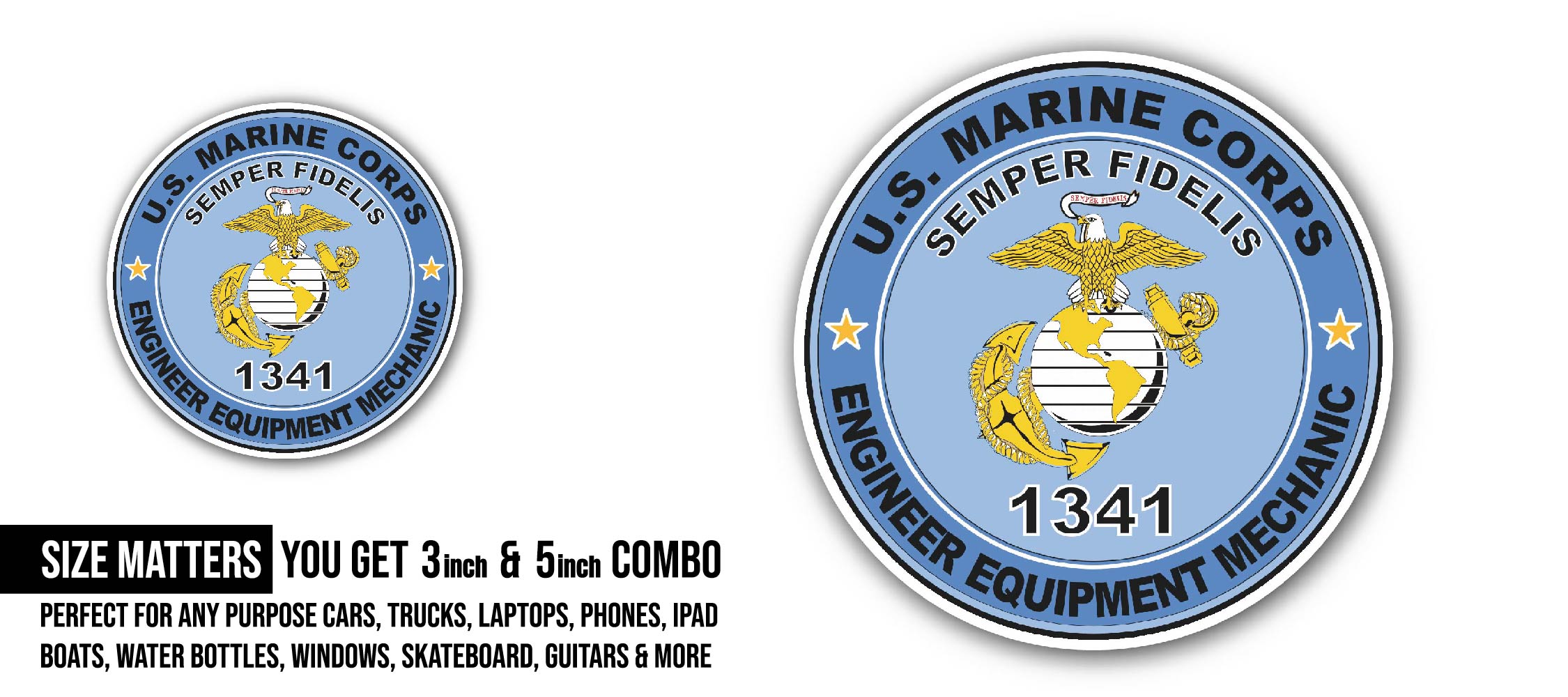 U.S.M.C. MOS 1341 Engineer Equipment Mechanic Sticker, Waterproof Vinyl Decal Sticker Indoor Or Outdoor 2 (Pieces) 3" and 5"