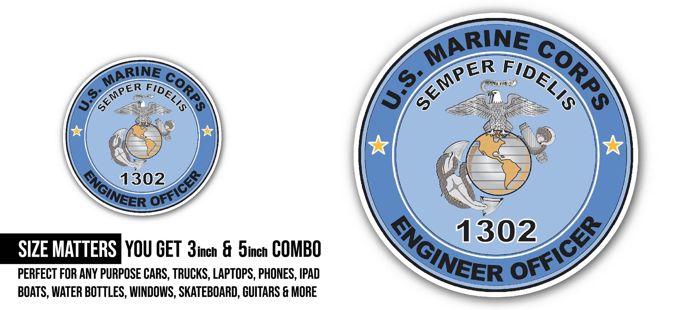 U.S.M.C. MOS 1302 Engineer Officer Sticker, Waterproof Vinyl Decal Sticker Indoor Or Outdoor 2 (Pieces) 3" and 5"