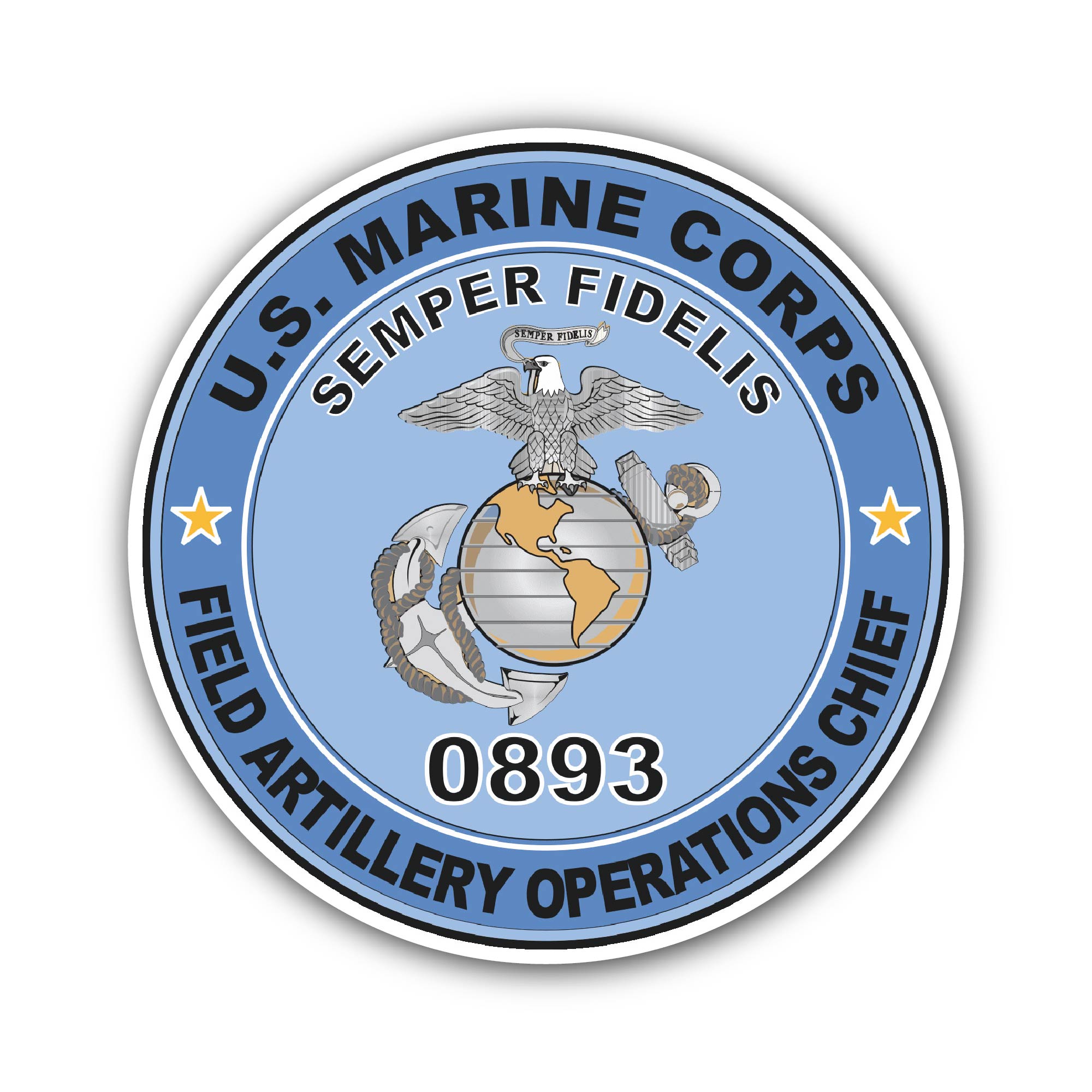 U.S.M.C. MOS 0893 Field Artillery Operations Chief Sticker, Waterproof Vinyl Decal Sticker Indoor Or Outdoor 2 (Pieces) 3" and 5"