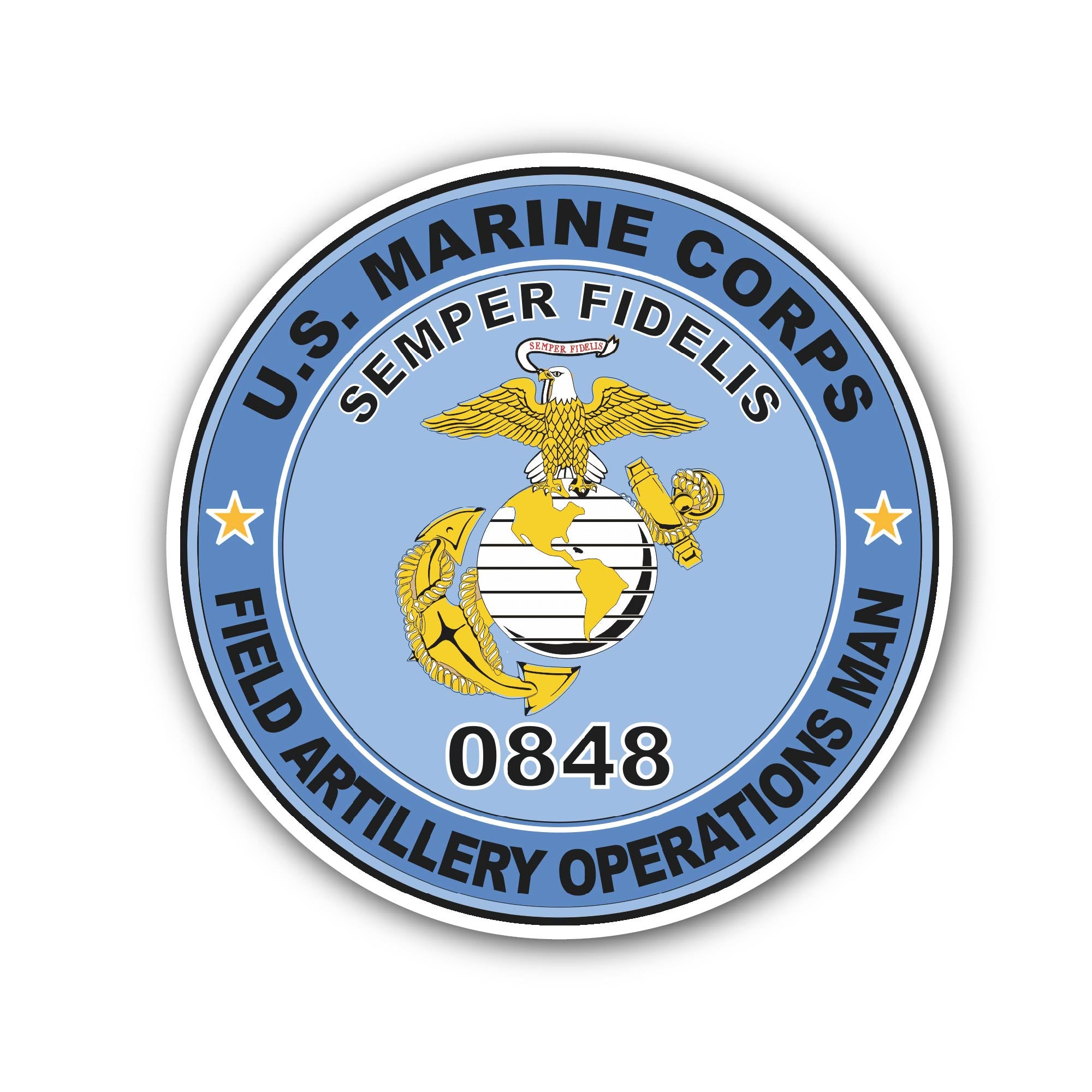 U.S.M.C. MOS 0848 Field Artillery Operations Man Sticker, Waterproof Vinyl Decal Sticker Indoor Or Outdoor 2 (Pieces) 3" and 5"