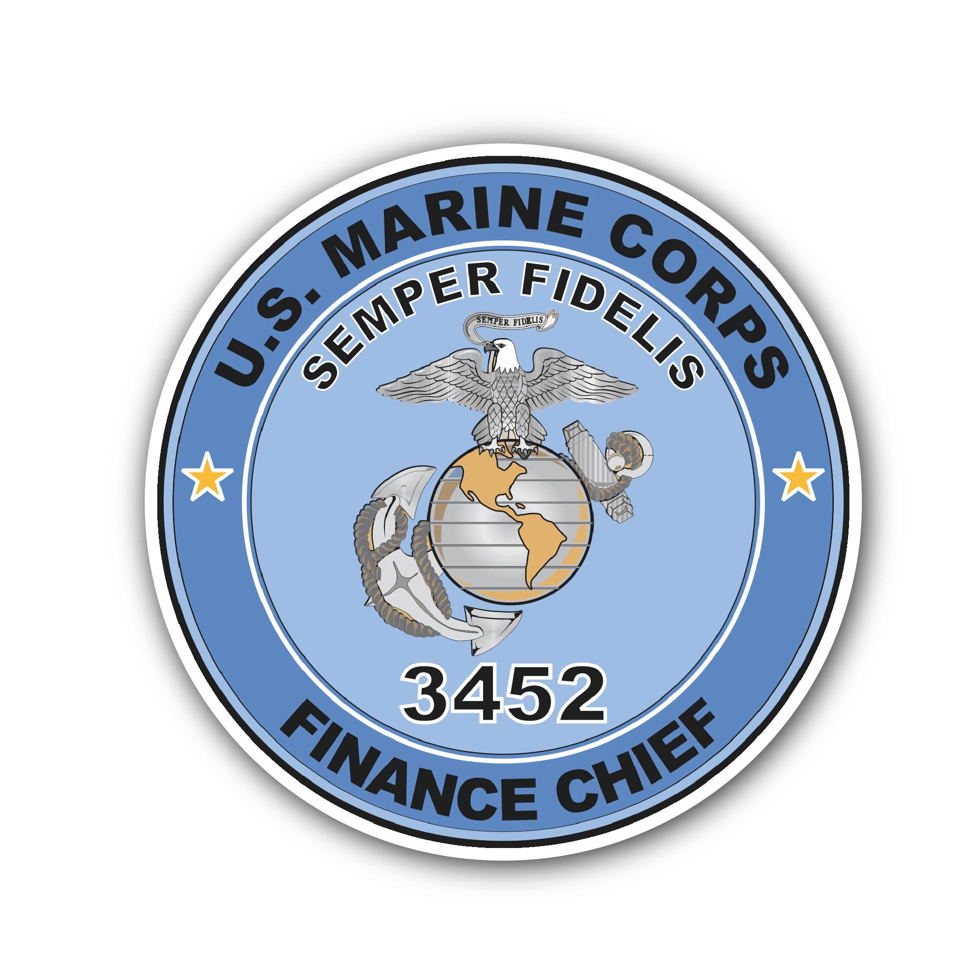 U.S.M.C. MOS 3452 Finance Chief Sticker, Waterproof Vinyl Decal Sticker Indoor Or Outdoor 2 (Pieces) 3" and 5"