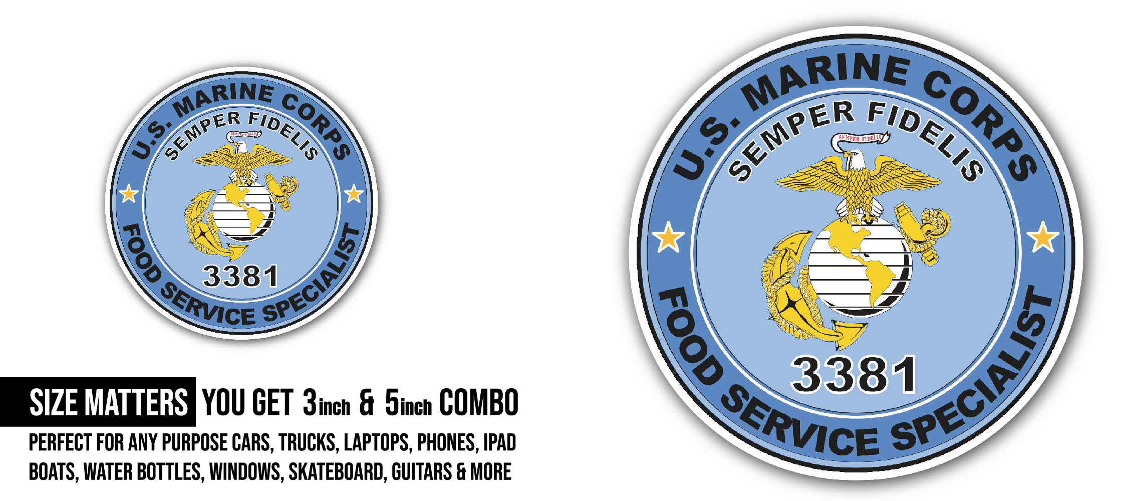 U.S.M.C. MOS 3381 Food Service Specialist Sticker, Waterproof Vinyl Decal Sticker Indoor Or Outdoor 2 (Pieces) 3" and 5"