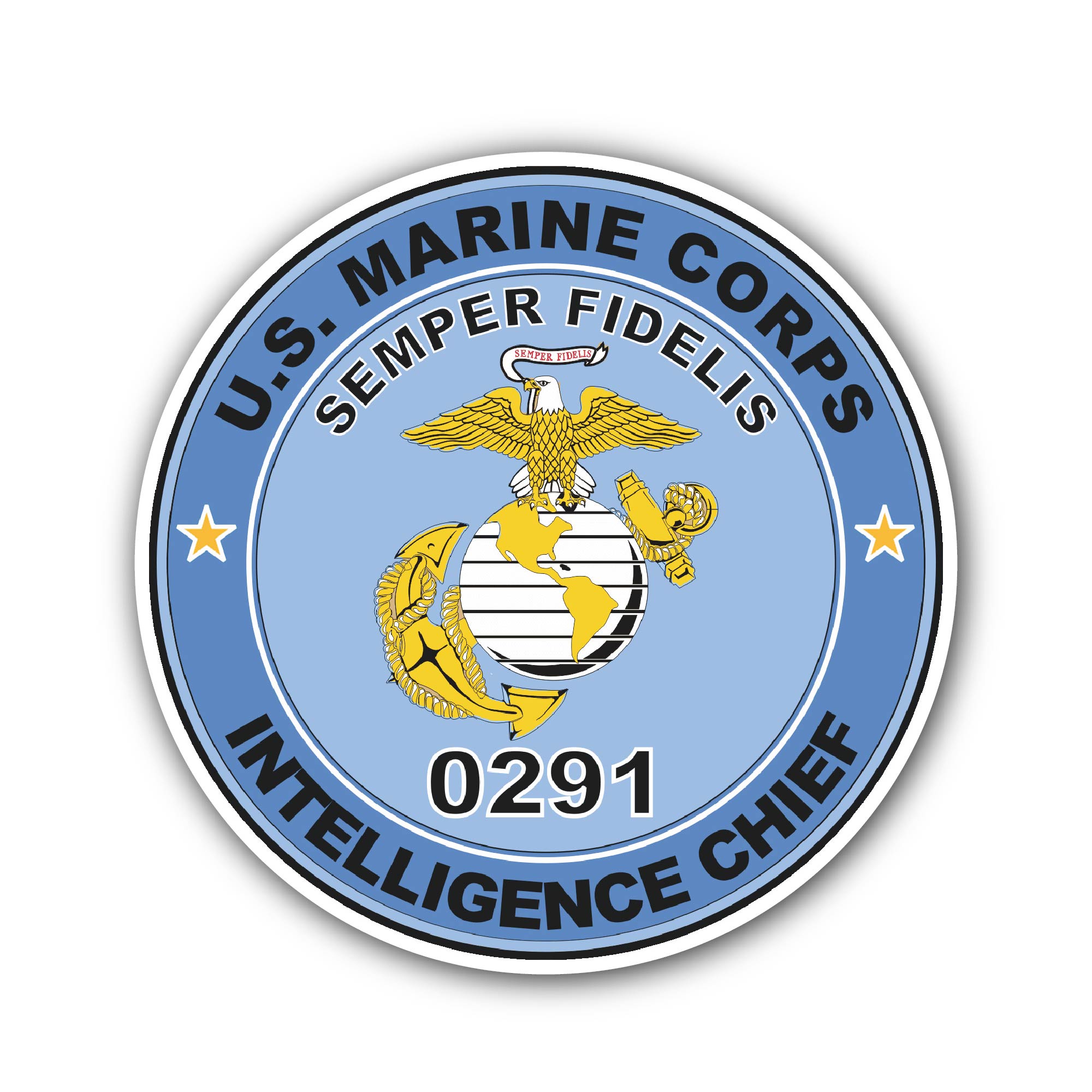 U.S.M.C. MOS 0291 Intelligence Chief Sticker, Waterproof Vinyl Decal Sticker Indoor Or Outdoor 2 (Pieces) 3" and 5"