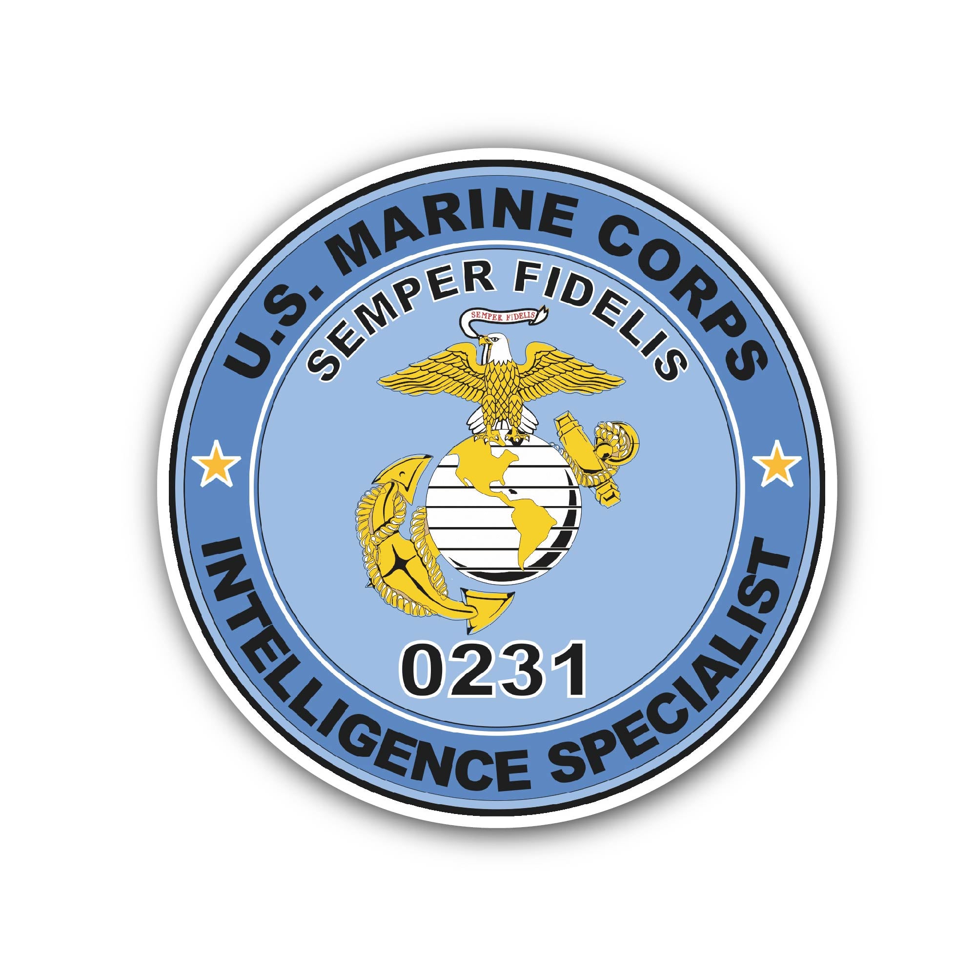U.S.M.C. MOS 0231 Intelligence Specialist Sticker, Waterproof Vinyl Decal Sticker Indoor Or Outdoor 2 (Pieces) 3" and 5"