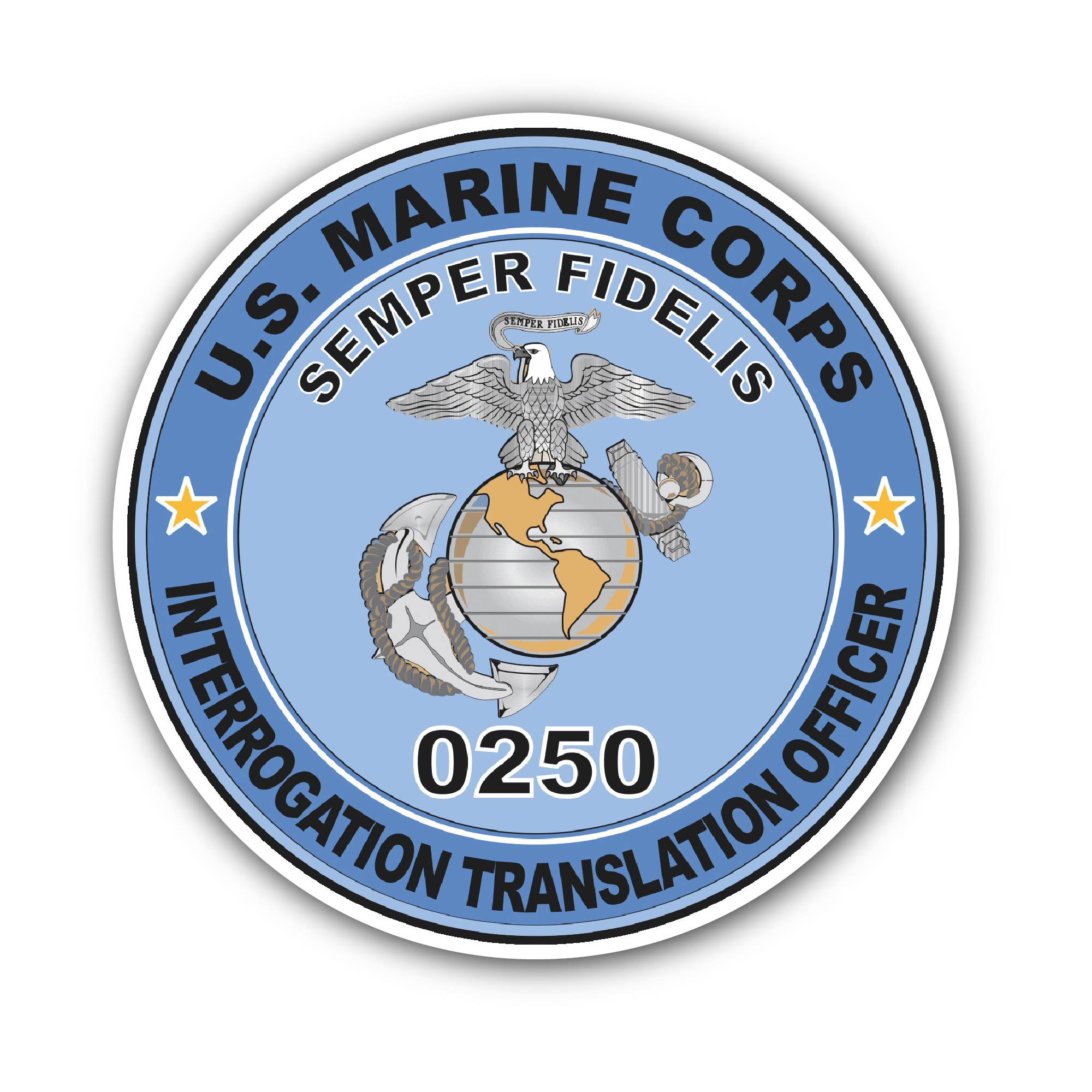 U.S.M.C. MOS 0250 Interrogation Translation Officer Sticker, Waterproof Vinyl Decal Sticker Indoor Or Outdoor 2 (Pieces) 3" and 5"