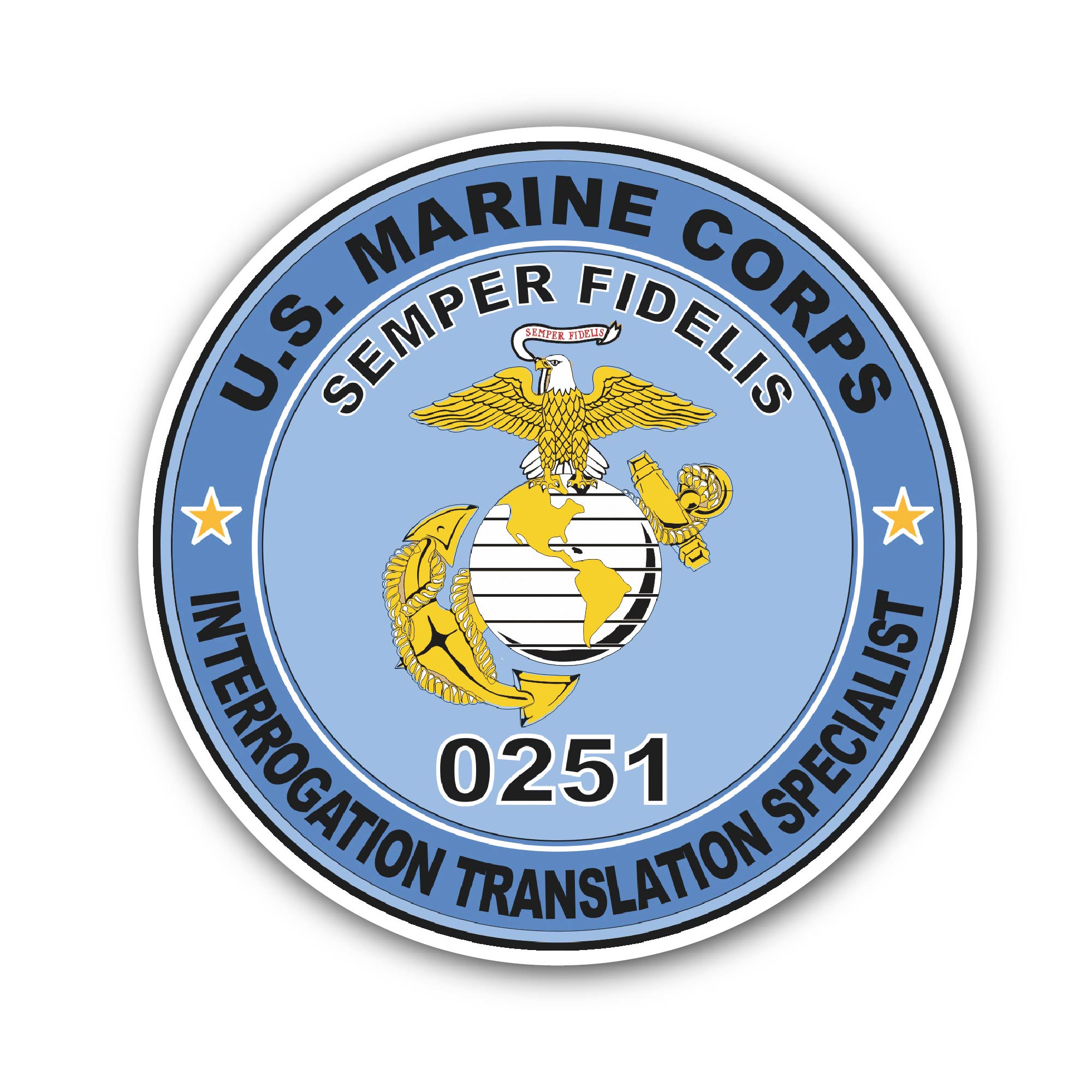 U.S.M.C. MOS 0251 Interrogation Translation Specialist Sticker, Waterproof Vinyl Decal Sticker Indoor Or Outdoor 2 (Pieces) 3" and 5"