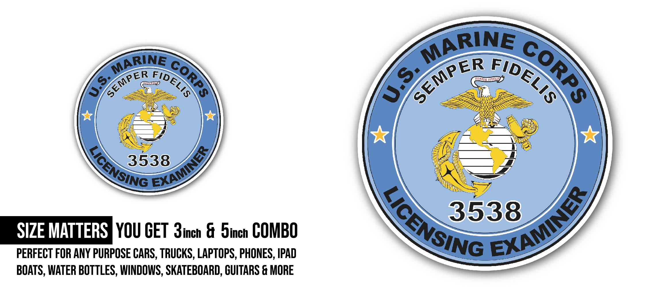 U.S.M.C. MOS 3538 Licensing Examiner Sticker, Waterproof Vinyl Decal Sticker Indoor Or Outdoor 2 (Pieces) 3" and 5"