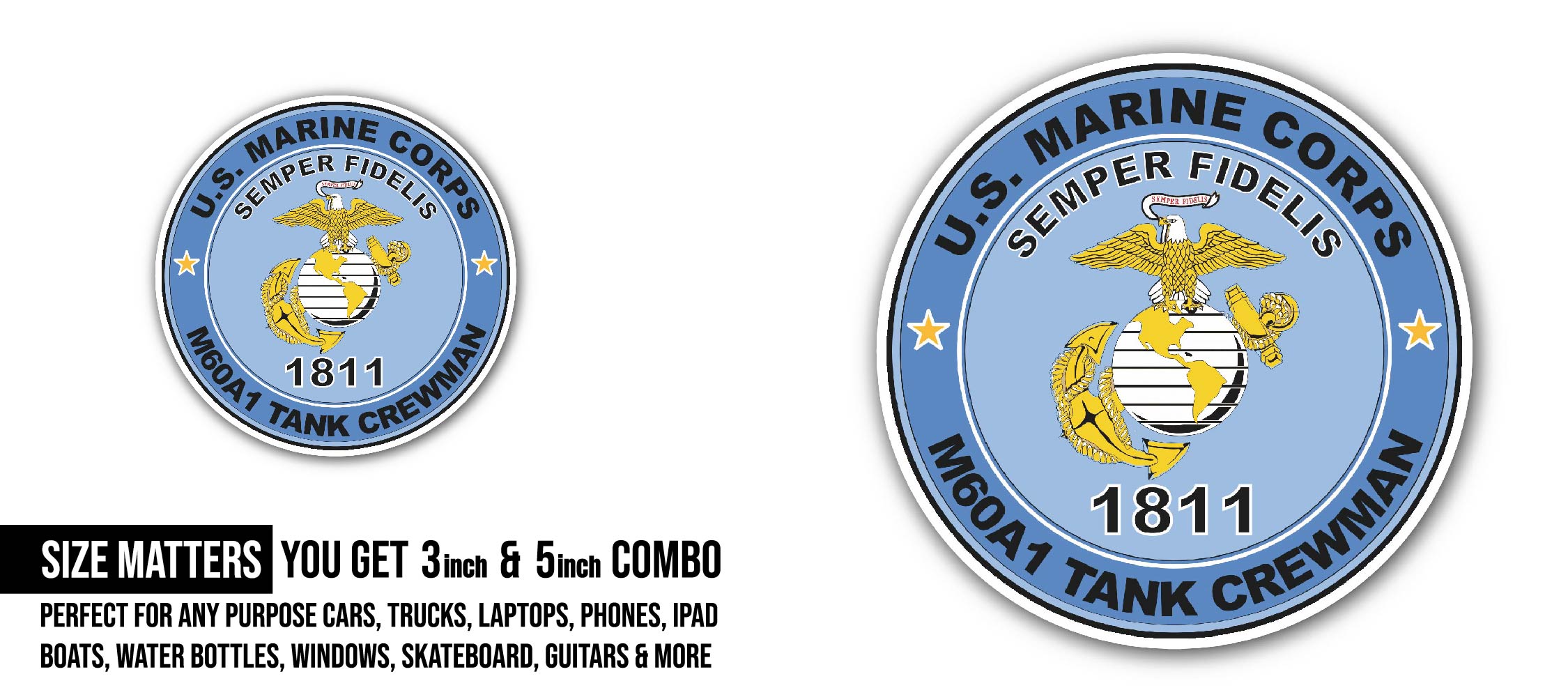 U.S.M.C. MOS 1811 M60A1 Tank Crewman Sticker, Waterproof Vinyl Decal Sticker Indoor Or Outdoor 2 (Pieces) 3" and 5"