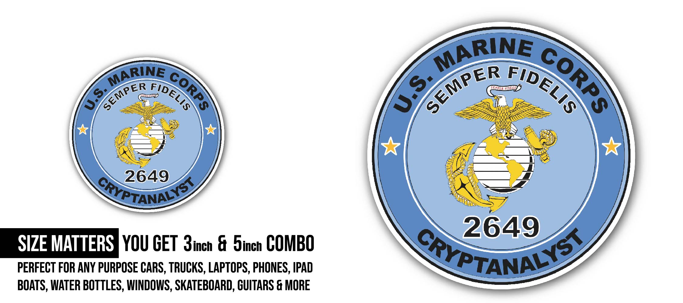 U.S.M.C. MOS 2649 Cryptanalyst Sticker, Waterproof Vinyl Decal Sticker Indoor Or Outdoor 2 (Pieces) 3" and 5"