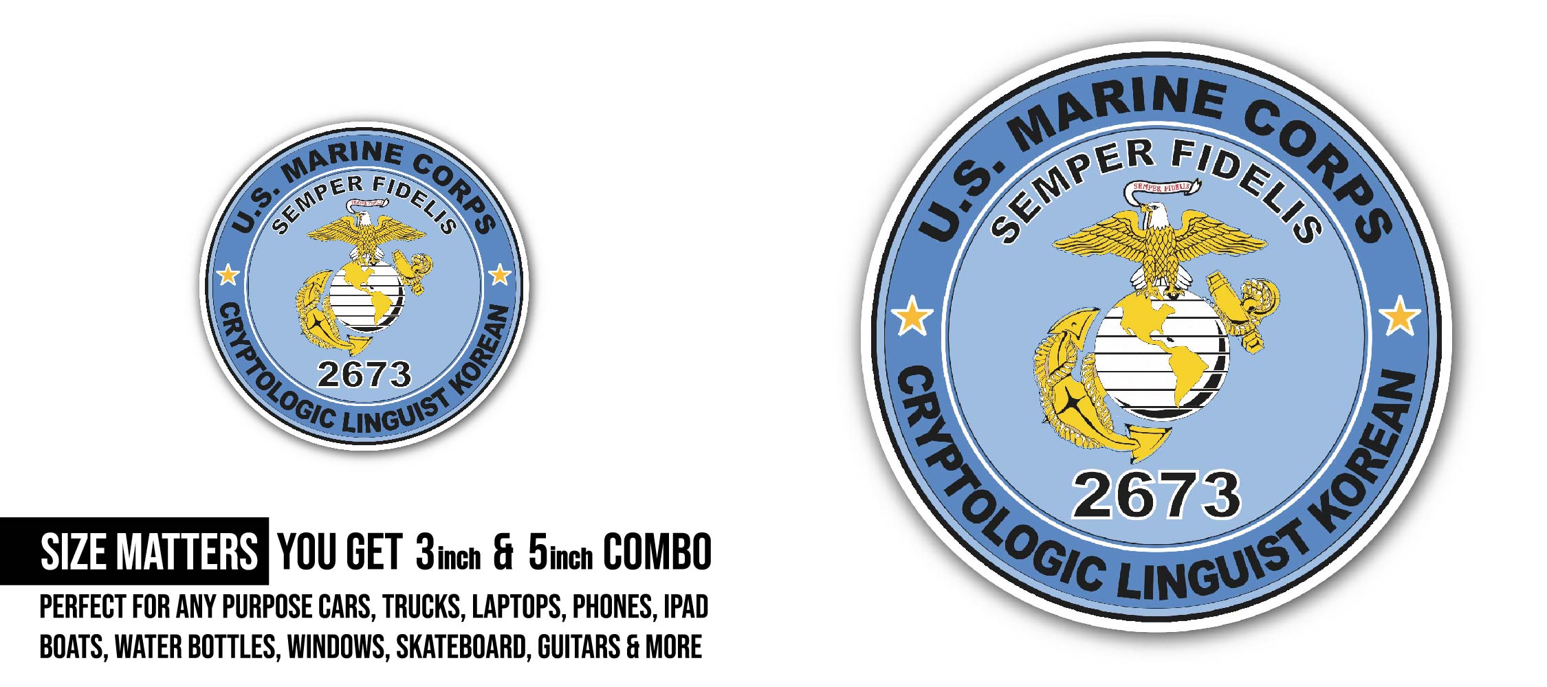 U.S.M.C. MOS 2673 Cryptologic Linguist Korean Sticker, Waterproof Vinyl Decal Sticker Indoor Or Outdoor 2 (Pieces) 3" and 5"