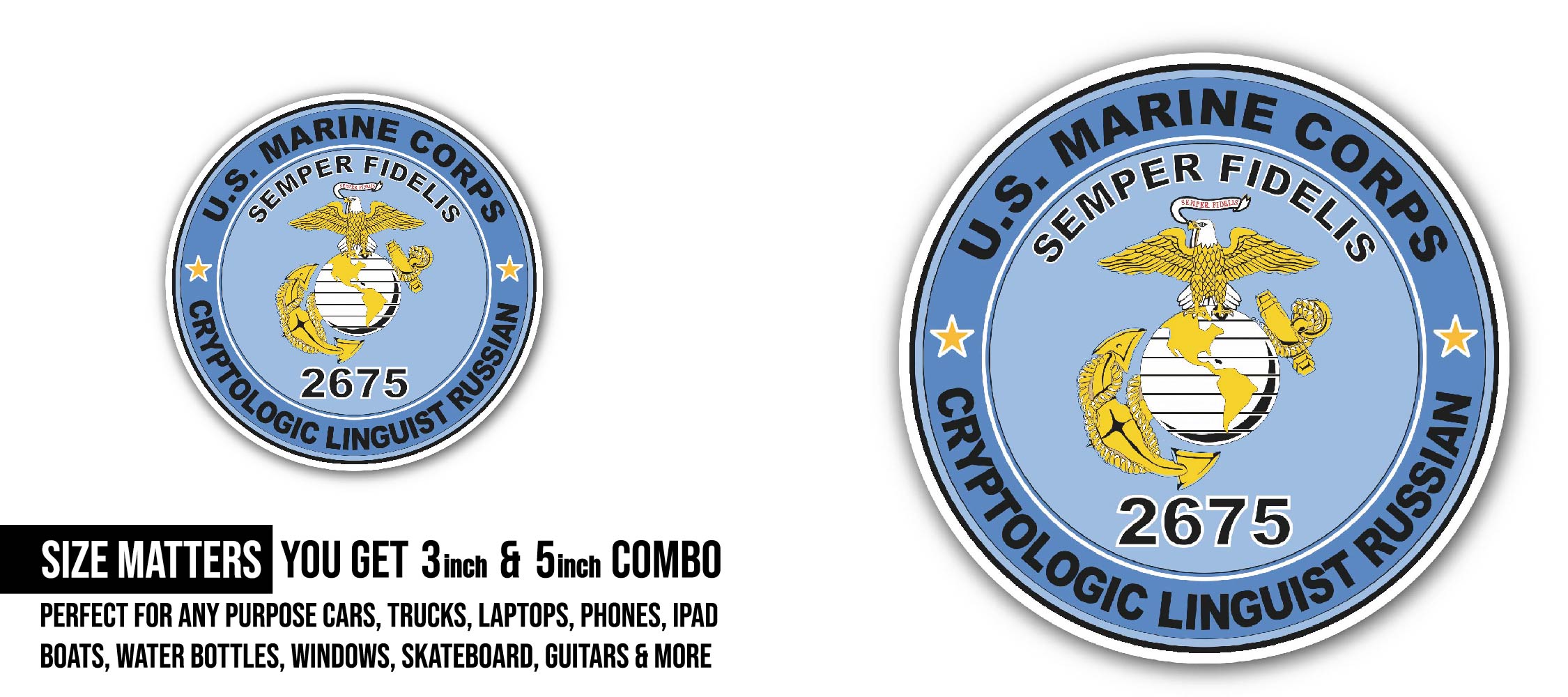 U.S.M.C. MOS 2675 Cryptologic Linguist Russian Sticker, Waterproof Vinyl Decal Sticker Indoor Or Outdoor 2 (Pieces) 3" and 5"