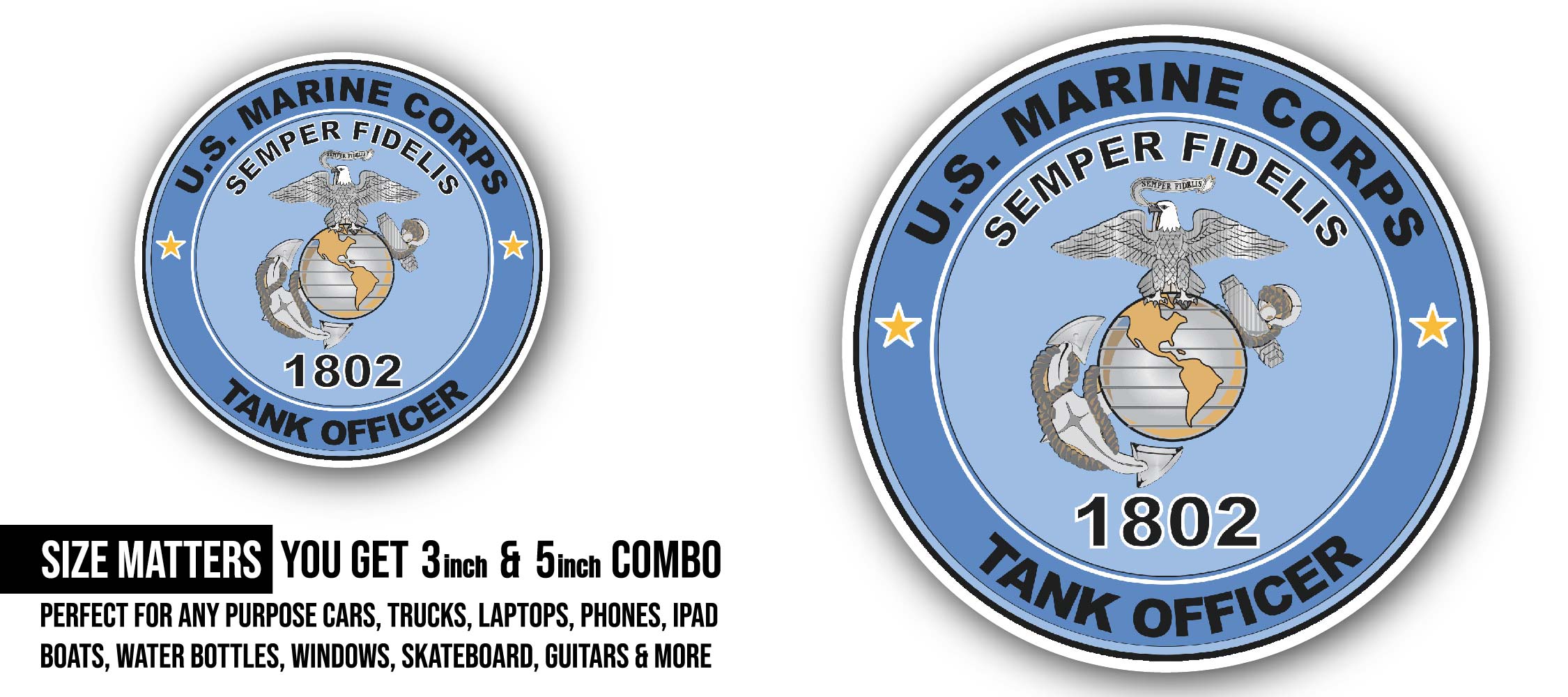 U.S.M.C. MOS 1802 Tank Officer Sticker, Waterproof Vinyl Decal Sticker Indoor Or Outdoor 2 (Pieces) 3" and 5"