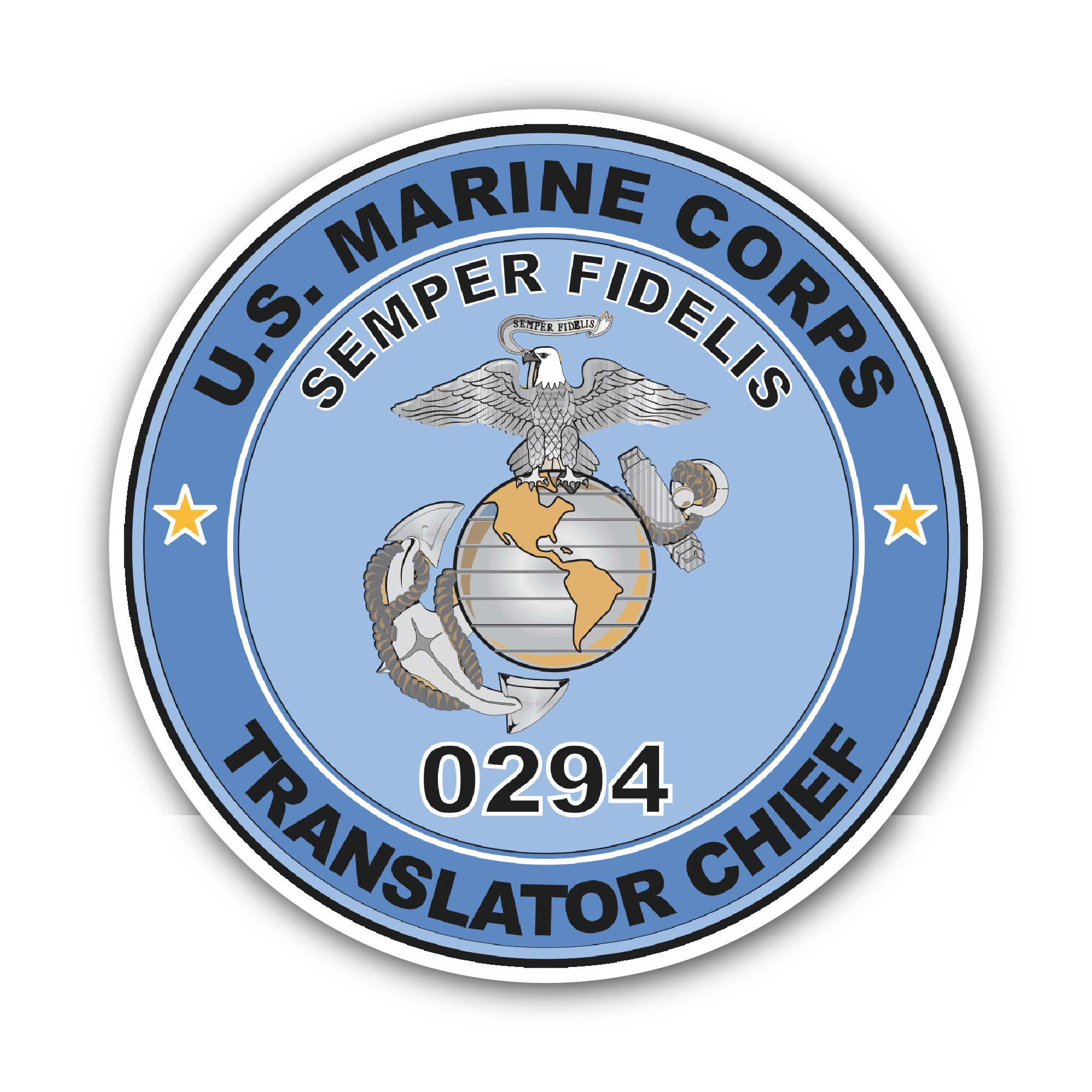 U.S.M.C. MOS 0294 Translator Chief Sticker, Waterproof Vinyl Decal Sticker Indoor Or Outdoor 2 (Pieces) 3" and 5"