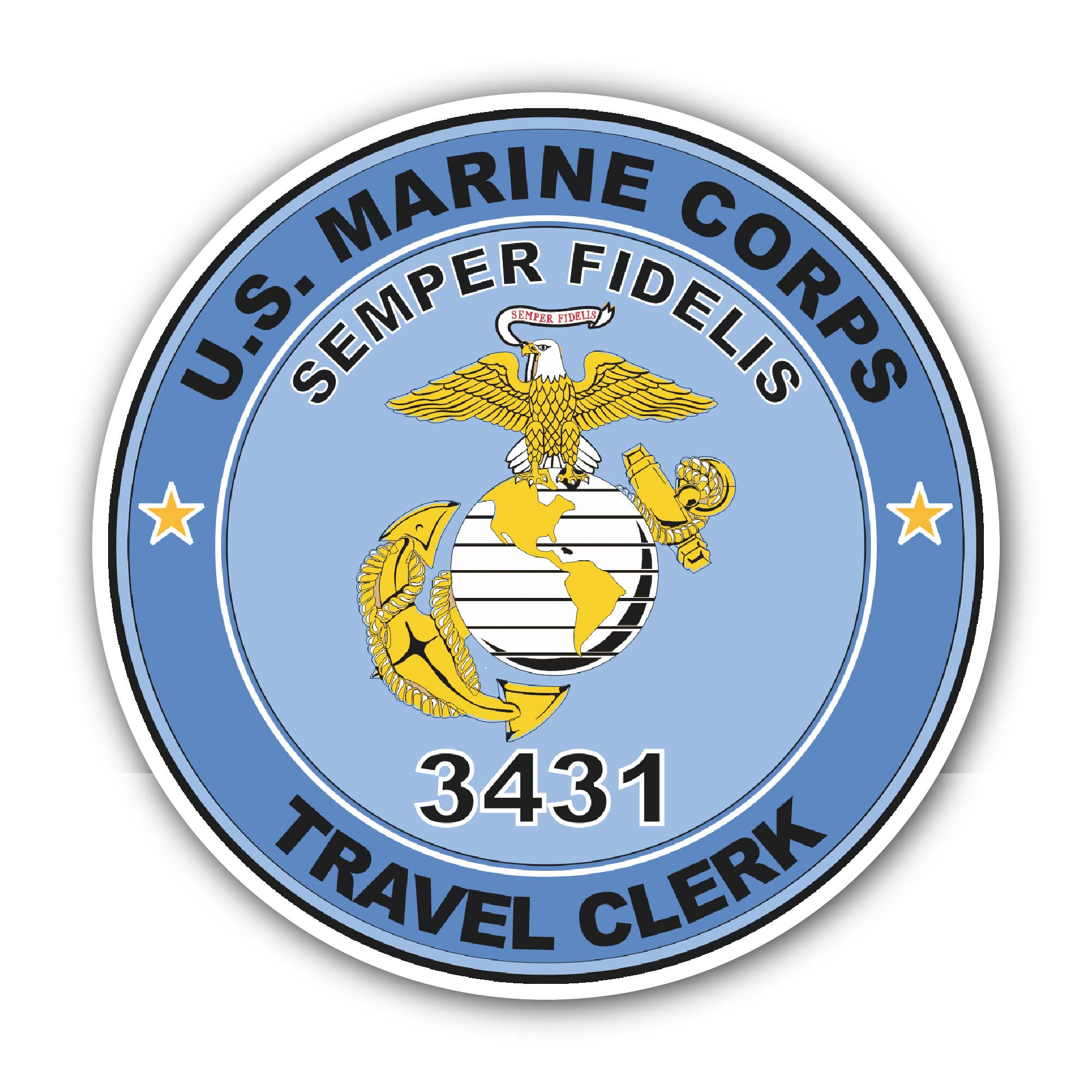U.S.M.C. MOS 3431 Travel Clerk Sticker, Waterproof Vinyl Decal Sticker Indoor Or Outdoor 2 (Pieces) 3" and 5"