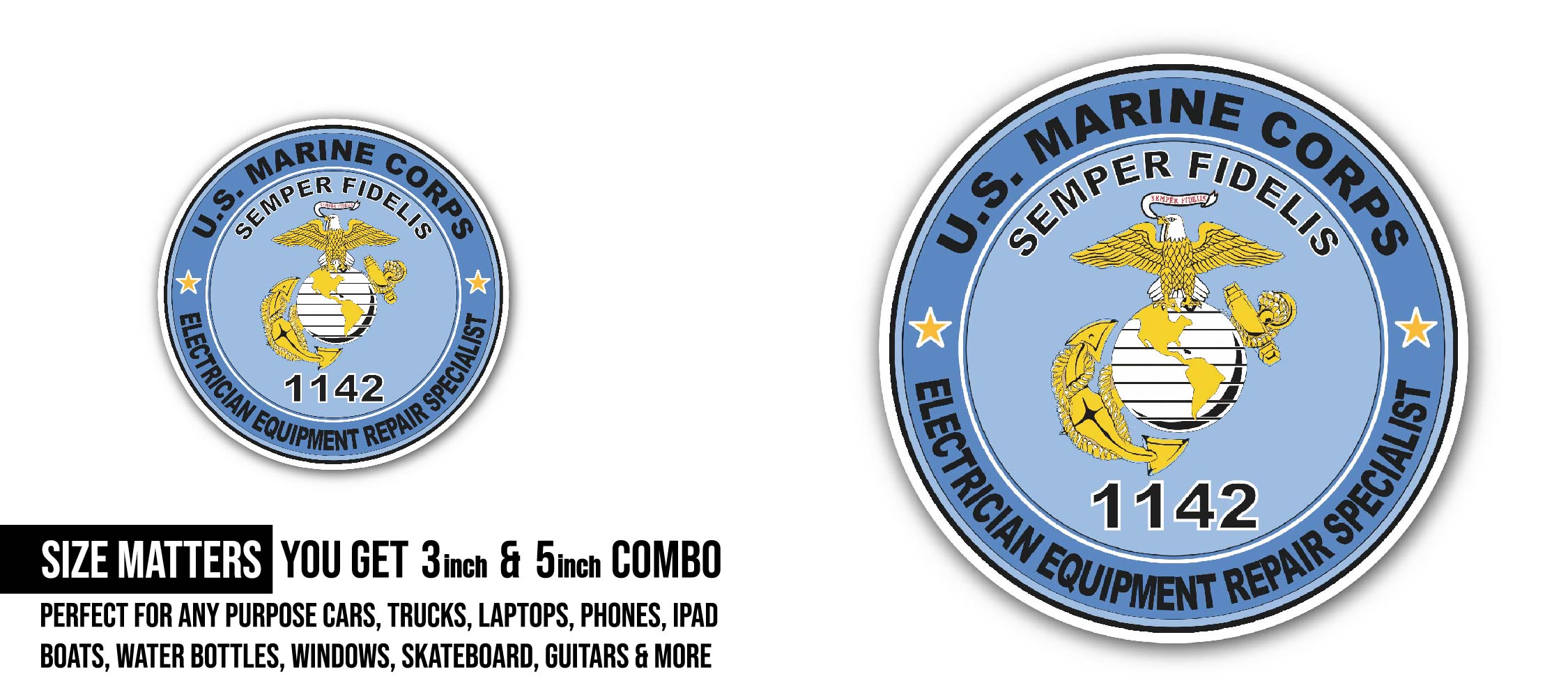 U.S.M.C. MOS 1142 Electrician Equipment Repair Specialist Sticker, Waterproof Vinyl Decal Sticker Indoor Or Outdoor 2 (Pieces) 3" and 5"