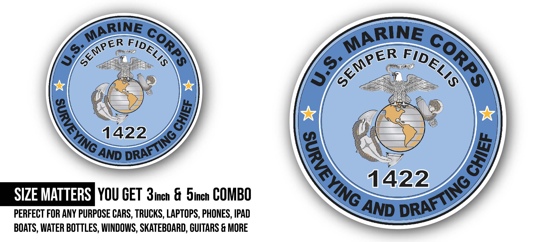 U.S.M.C. MOS 1422 Surveying and Drafting Chief Sticker, Waterproof Vinyl Decal Sticker Indoor Or Outdoor 2 (Pieces) 3" and 5"