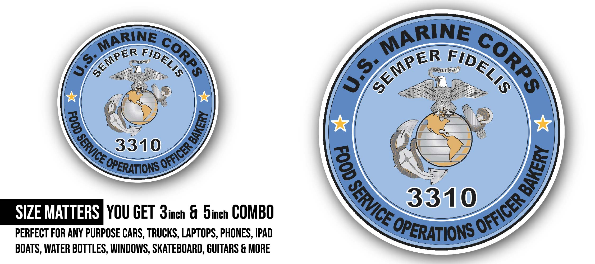 U.S.M.C. MOS 3310 Food Service Operations Officer Bakery Sticker, Waterproof Vinyl Decal Sticker Indoor Or Outdoor 2 (Pieces) 3" and 5"