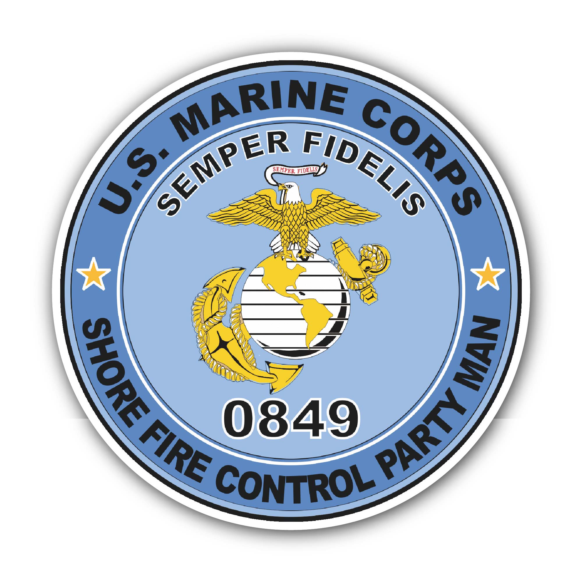 U.S.M.C. MOS 0849 Shore Fire Control Party Man Sticker, Waterproof Vinyl Decal Sticker Indoor Or Outdoor 2 (Pieces) 3" and 5"