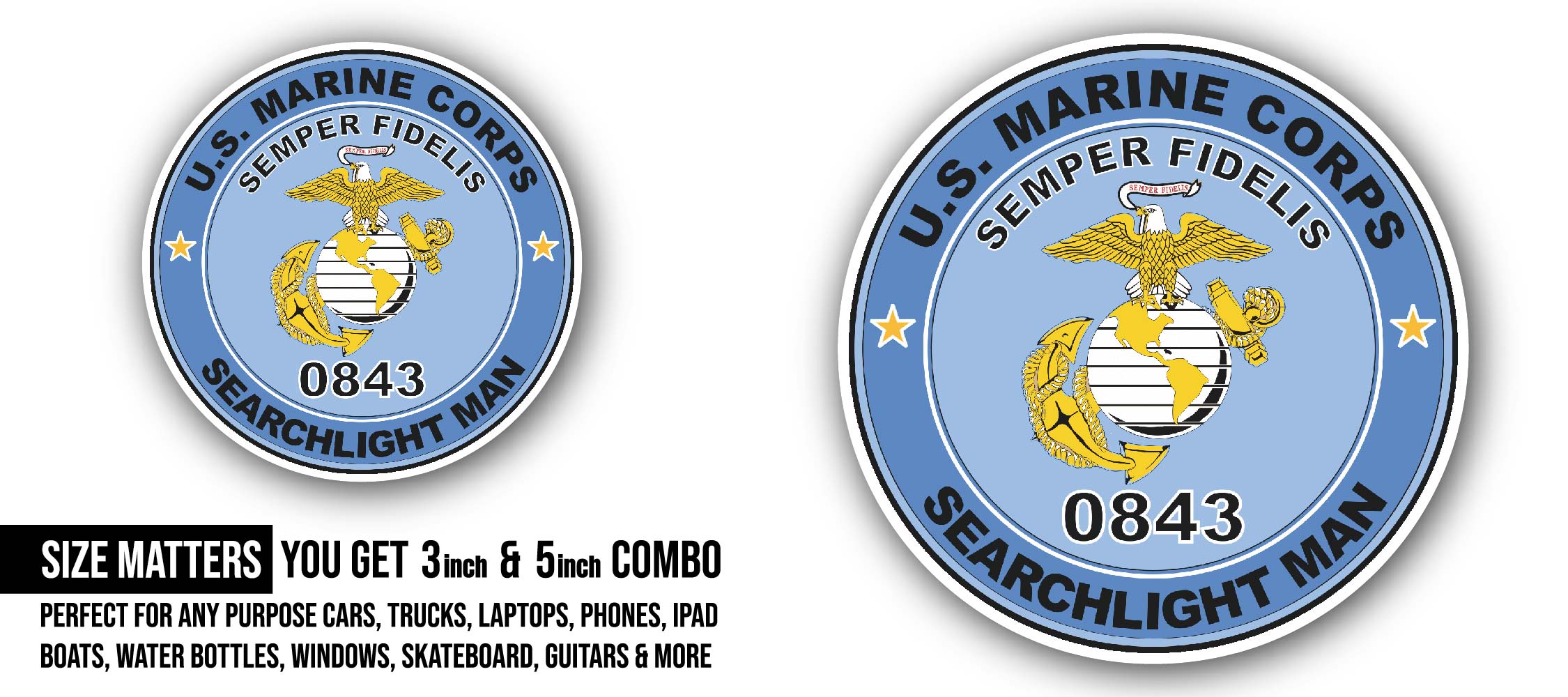 U.S.M.C. MOS 0843 Searchlight Man Sticker, Waterproof Vinyl Decal Sticker Indoor Or Outdoor 2 (Pieces) 3" and 5"