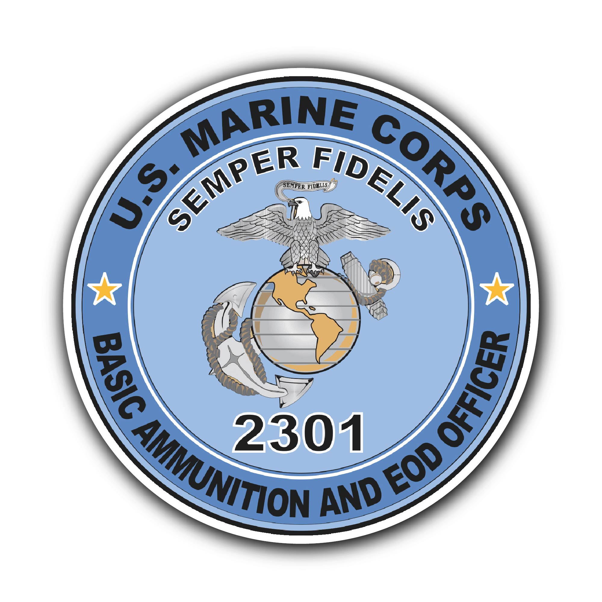 U.S.M.C. MOS 2301 Basic Ammunition and EOD Officer Sticker, Waterproof Vinyl Decal Sticker Indoor Or Outdoor 2 (Pieces) 3" and 5"