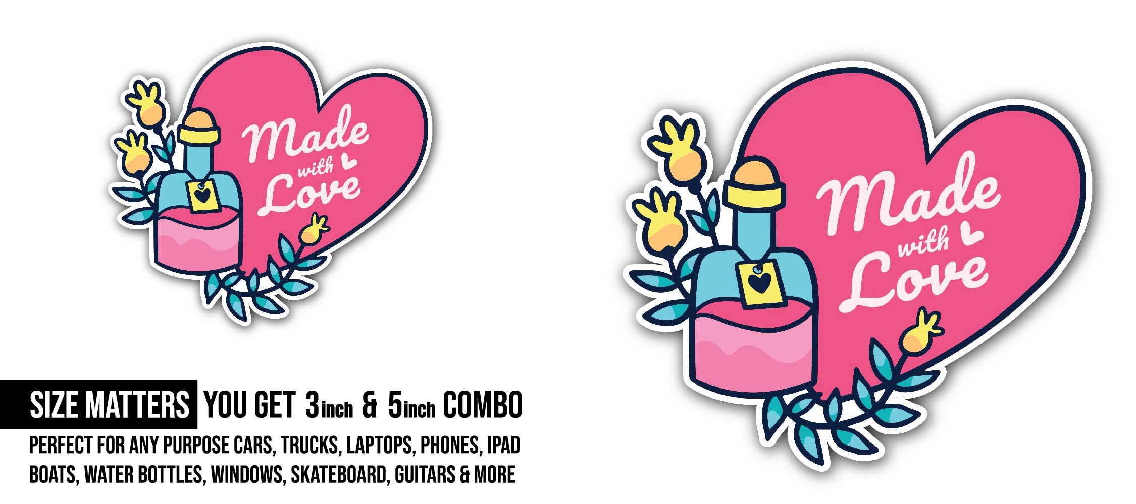 perfume bottle & Made with Love Sticker, Waterproof Vinyl Decal Sticker Indoor Or Outdoor 2 (Pieces) 3" and 5"