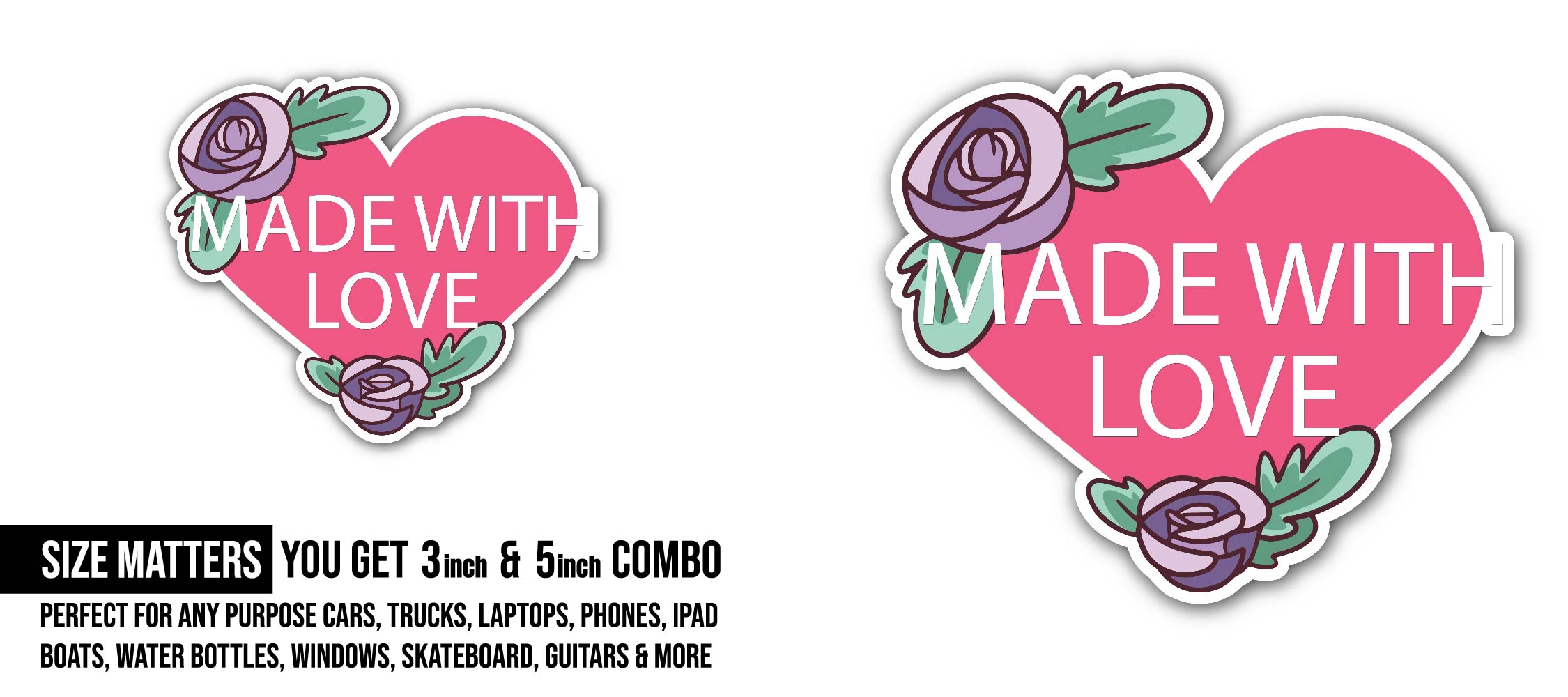 Heart Lock Made with Love Sticker, Waterproof Vinyl Decal Sticker Indoor Or Outdoor 2 (Pieces) 3" and 5"