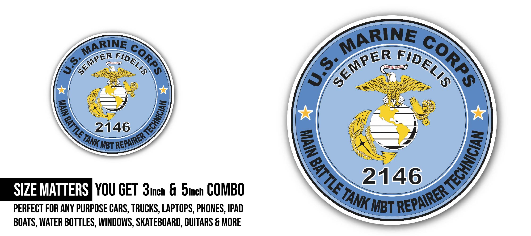 U.S.M.C. MOS 2146 Main Battle Tank MBT Repairer Technician Sticker, Waterproof Vinyl Decal Sticker Indoor Or Outdoor 2 (Pieces) 3" and 5"
