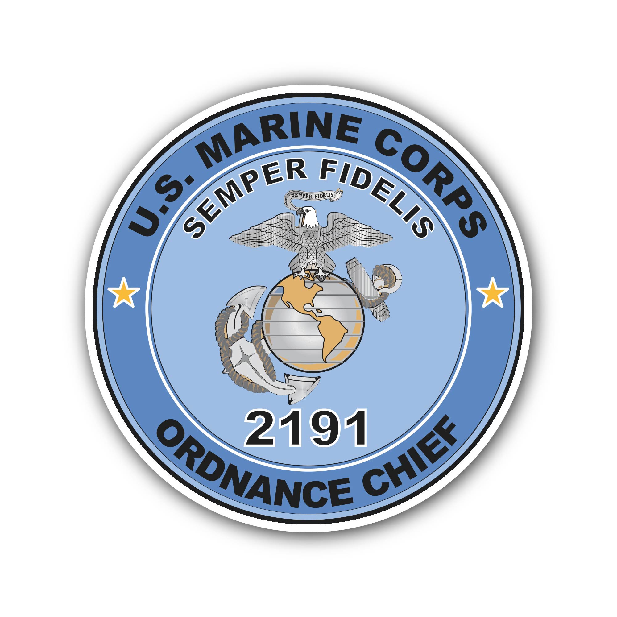 U.S.M.C. MOS 2191 Ordnance Chief Sticker, Waterproof Vinyl Decal Sticker Indoor Or Outdoor 2 (Pieces) 3" and 5"